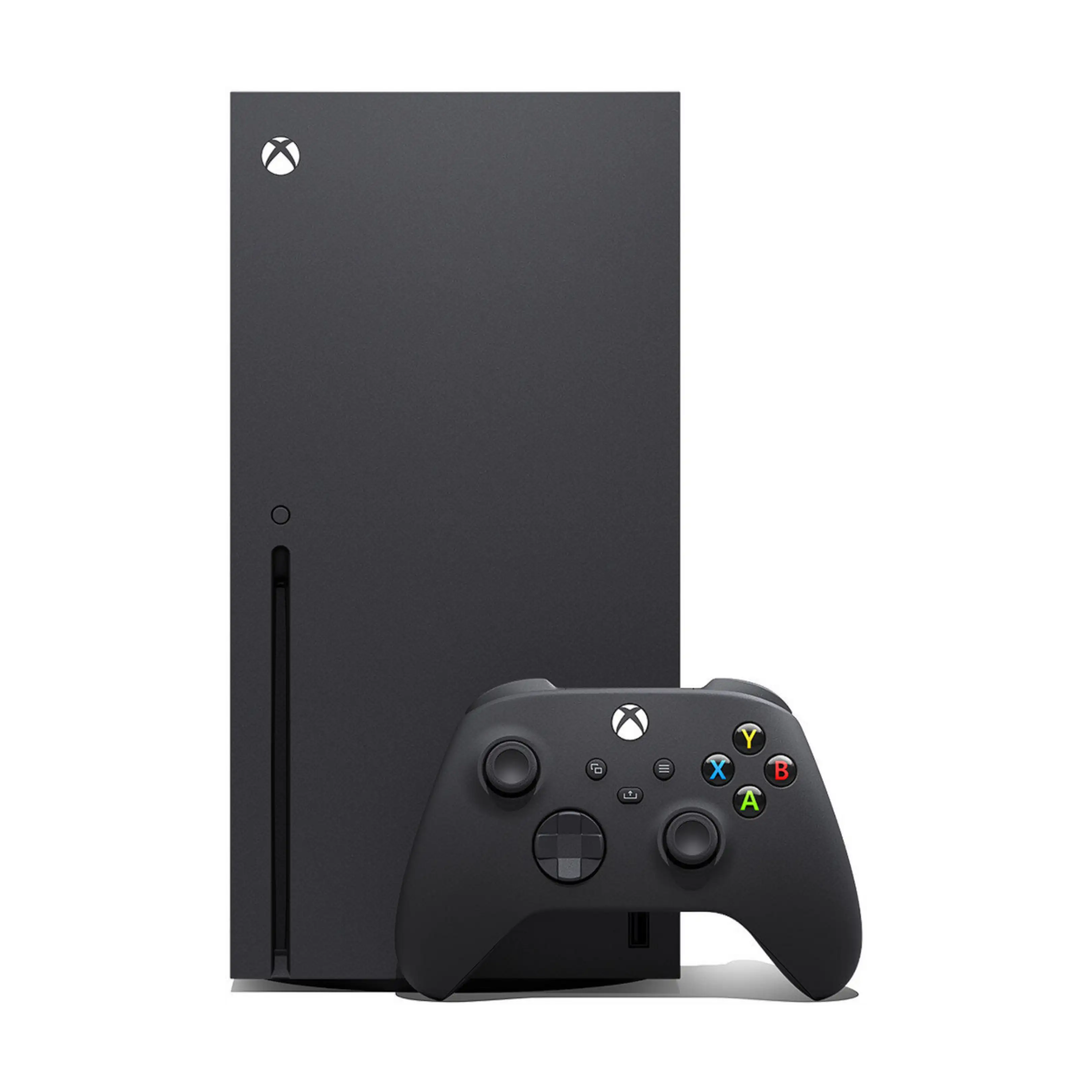 Matowoczarna konsola Xbox Series X i pasujący kontroler z kolorowymi przyciskami na białym tle.
