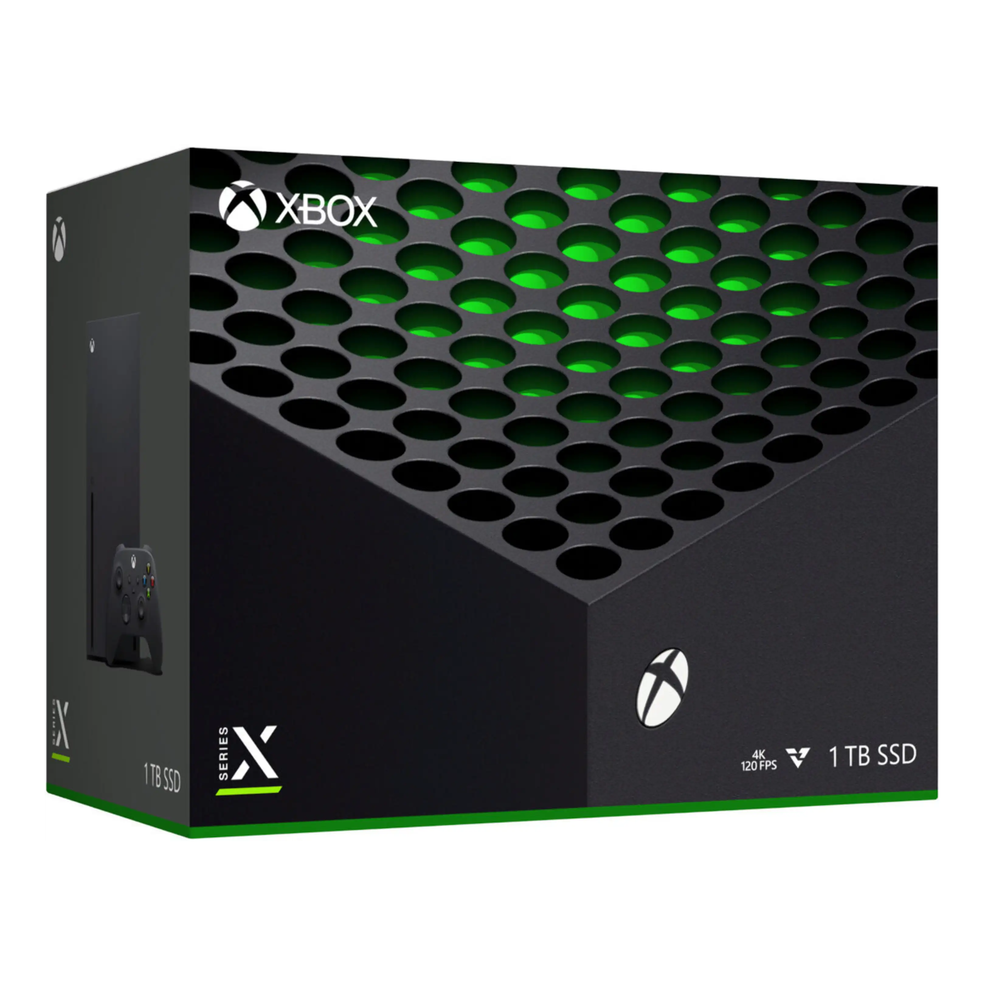 Czarne pudełko Xbox Series X prezentuje zielony wzór wentylacji, logo i 1 TB SSD.