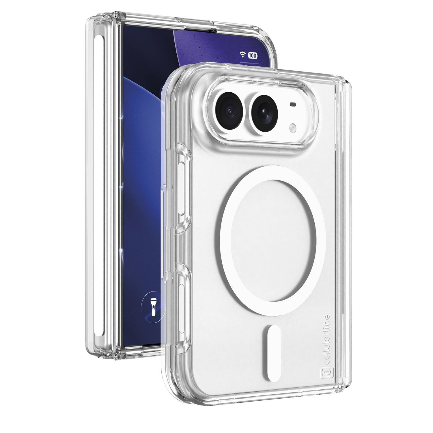 Transparente Handyhülle mit MagSafe-Ring und Kameraausschnitt auf einem faltbaren Smartphone.