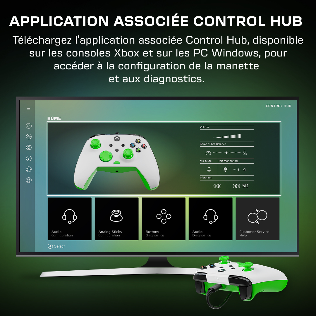 Écran de l'application Control Hub sur TV avec une manette.