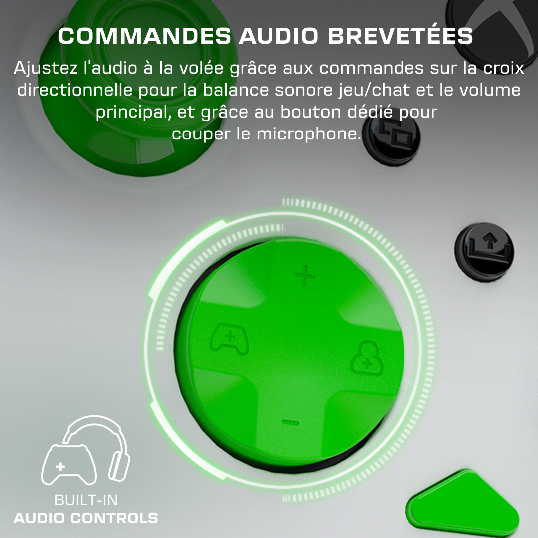 Croix directionnelle verte avec commandes audio sur fond blanc.