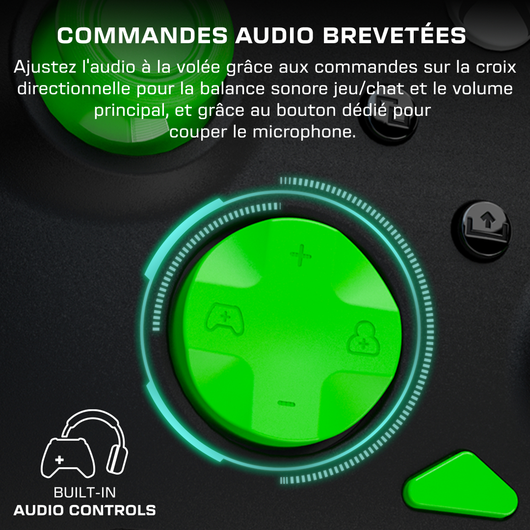 Gros plan d'une manette de jeu avec une croix directionnelle verte lumineuse et des commandes audio.
