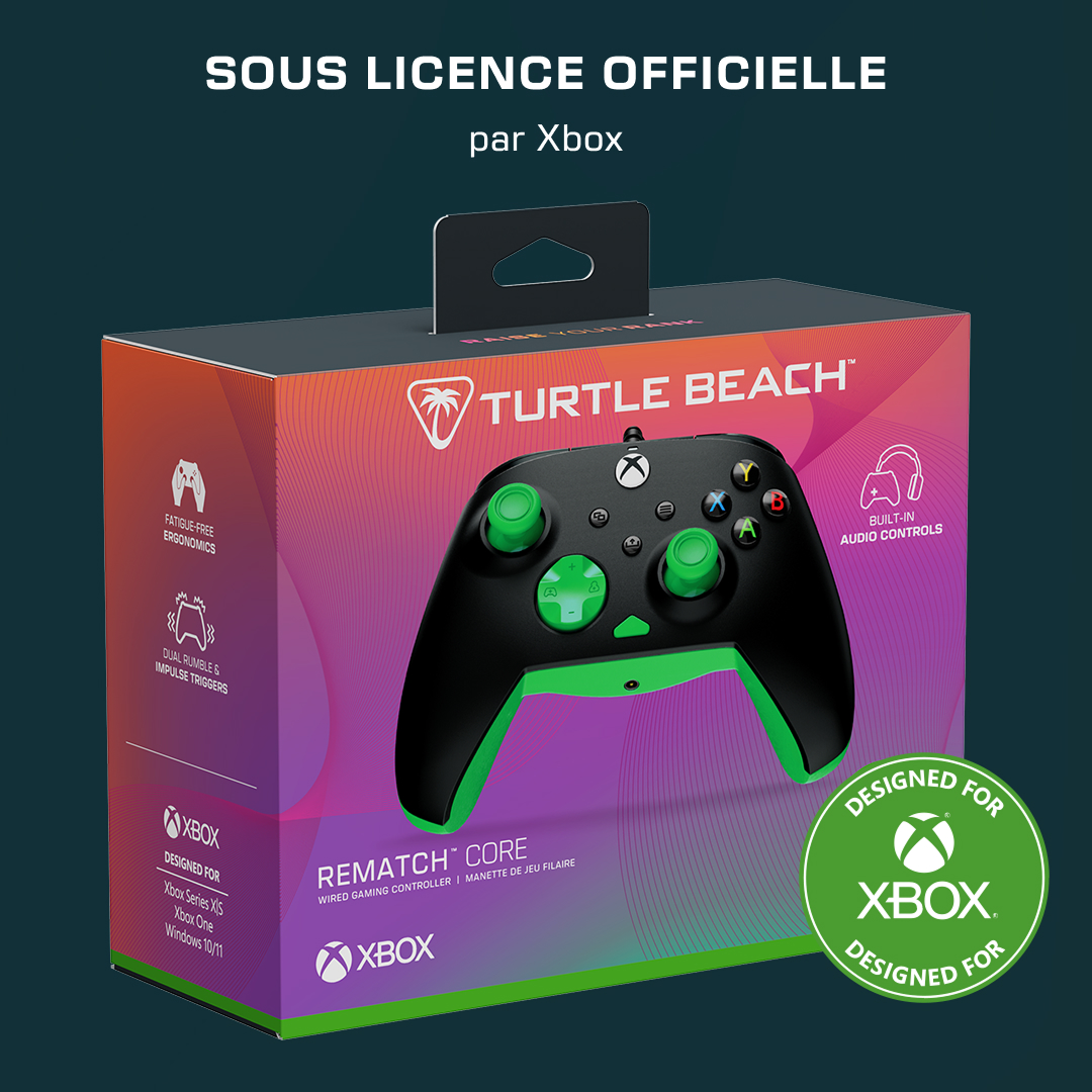 Manette Xbox Turtle Beach Rematch Core dans sa boîte d'emballage colorée sous licence officielle.