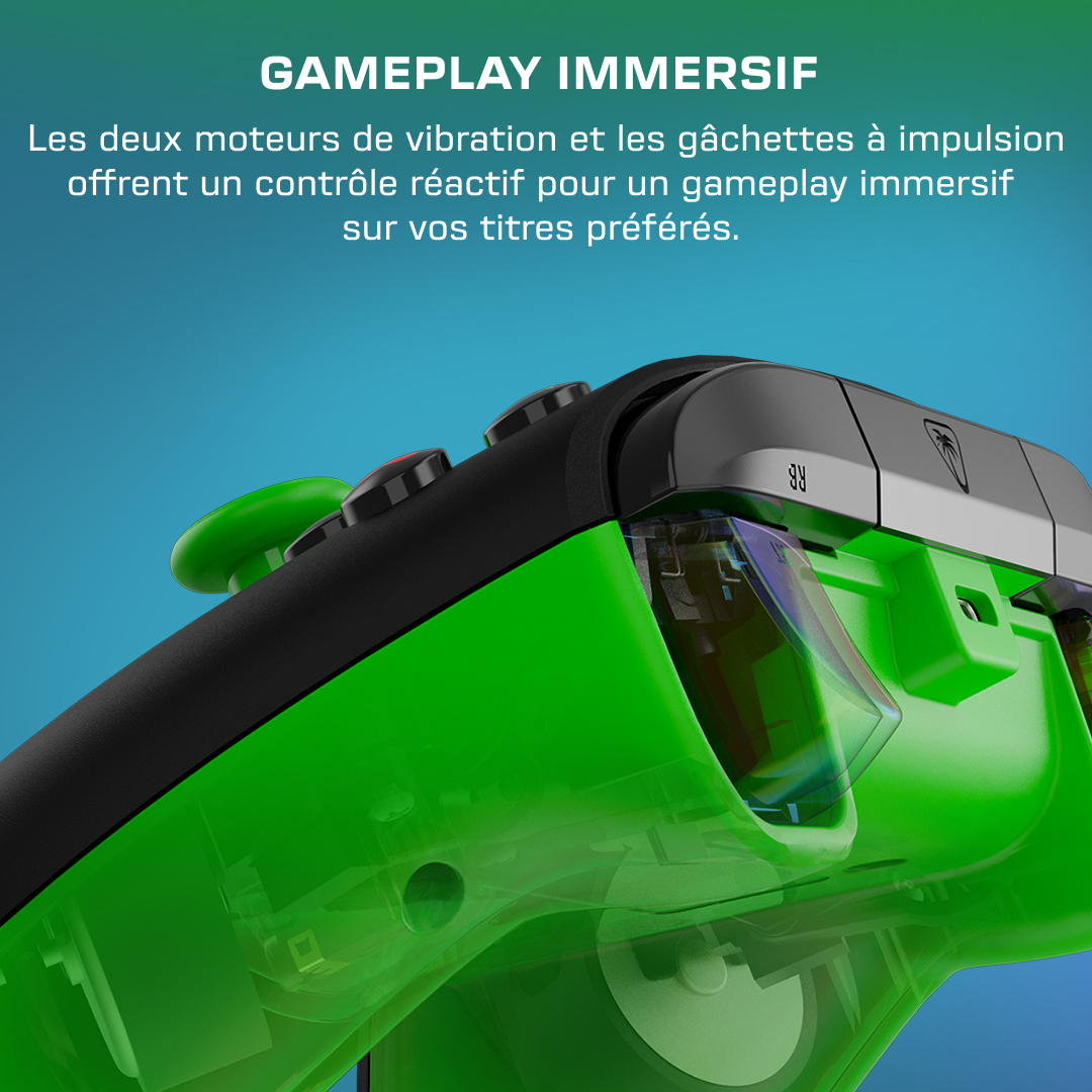 Manette de jeu verte et noire sur fond bleu avec texte en français.