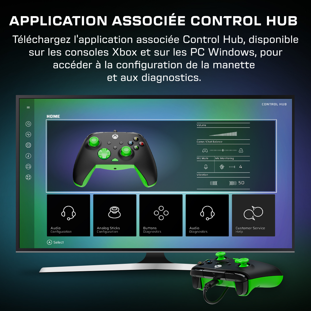 Application Control Hub sur écran et manette Xbox aux accents verts.