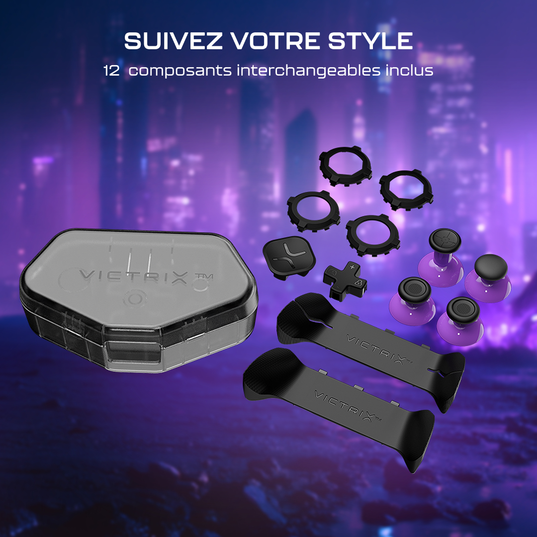 Kit d'accessoires de manette Victrix avec 12 pièces interchangeables et un étui transparent sur fond violet.