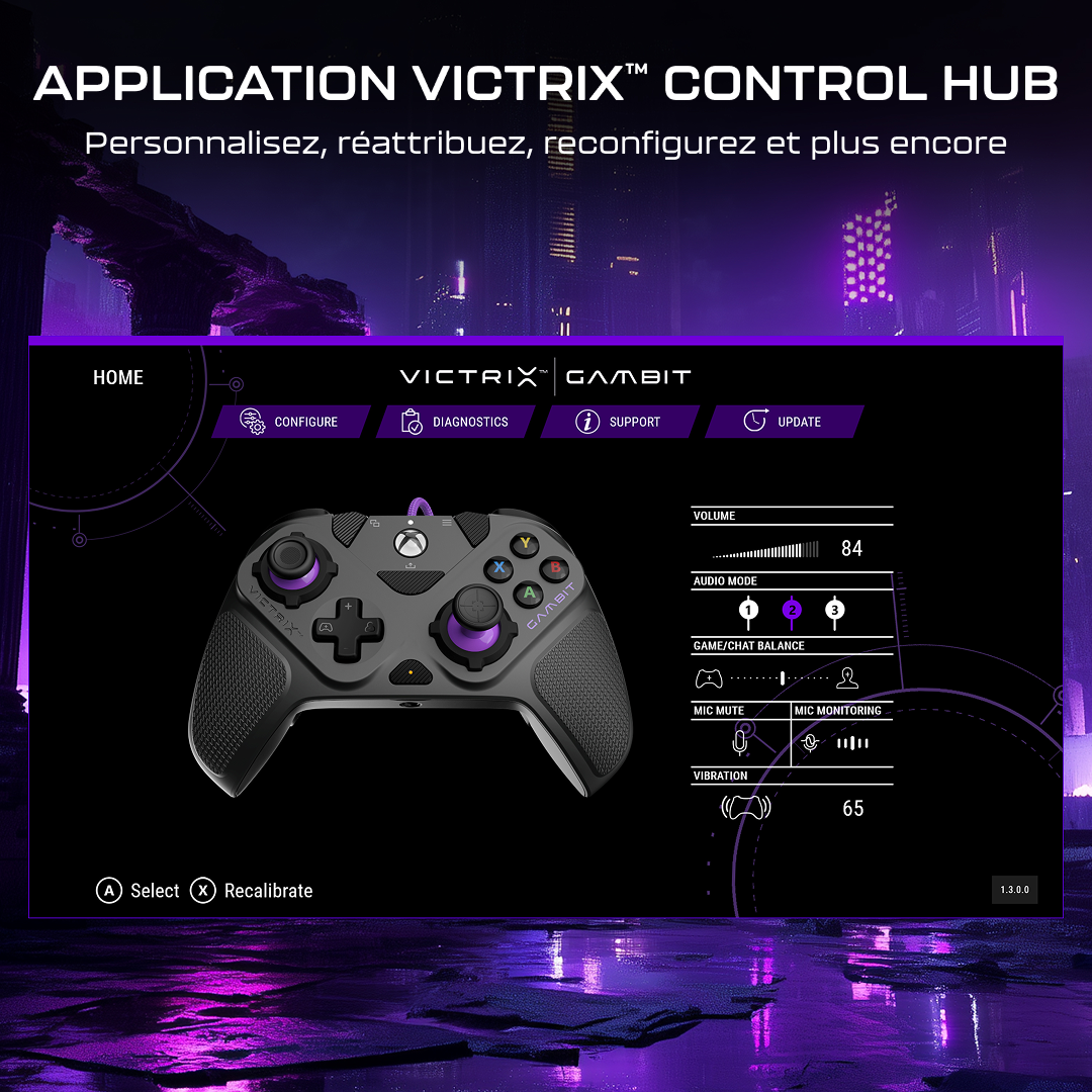 Interface de l'appli Victrix Control Hub avec une manette noire et violette et des réglages de volume.