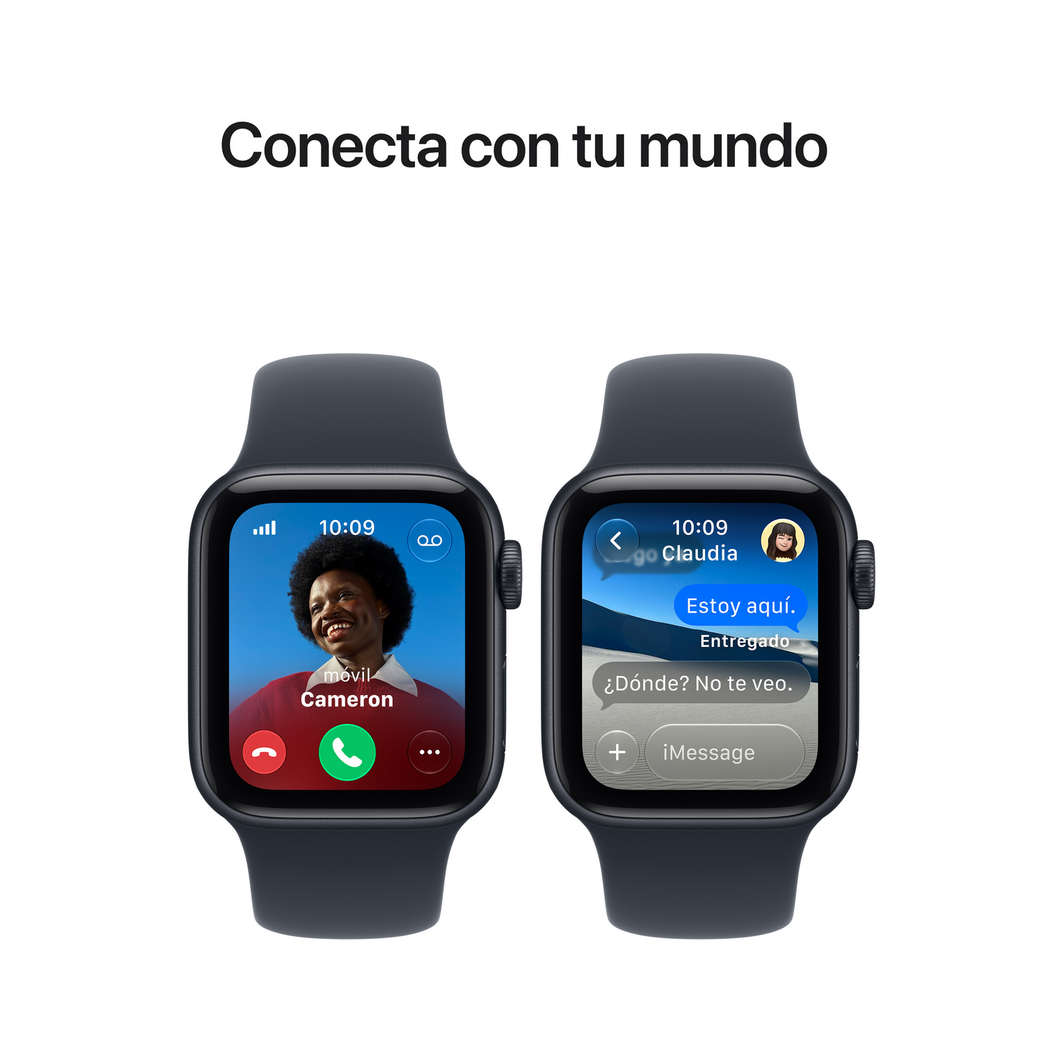Dos relojes inteligentes negros muestran llamadas y mensajes con texto en español.