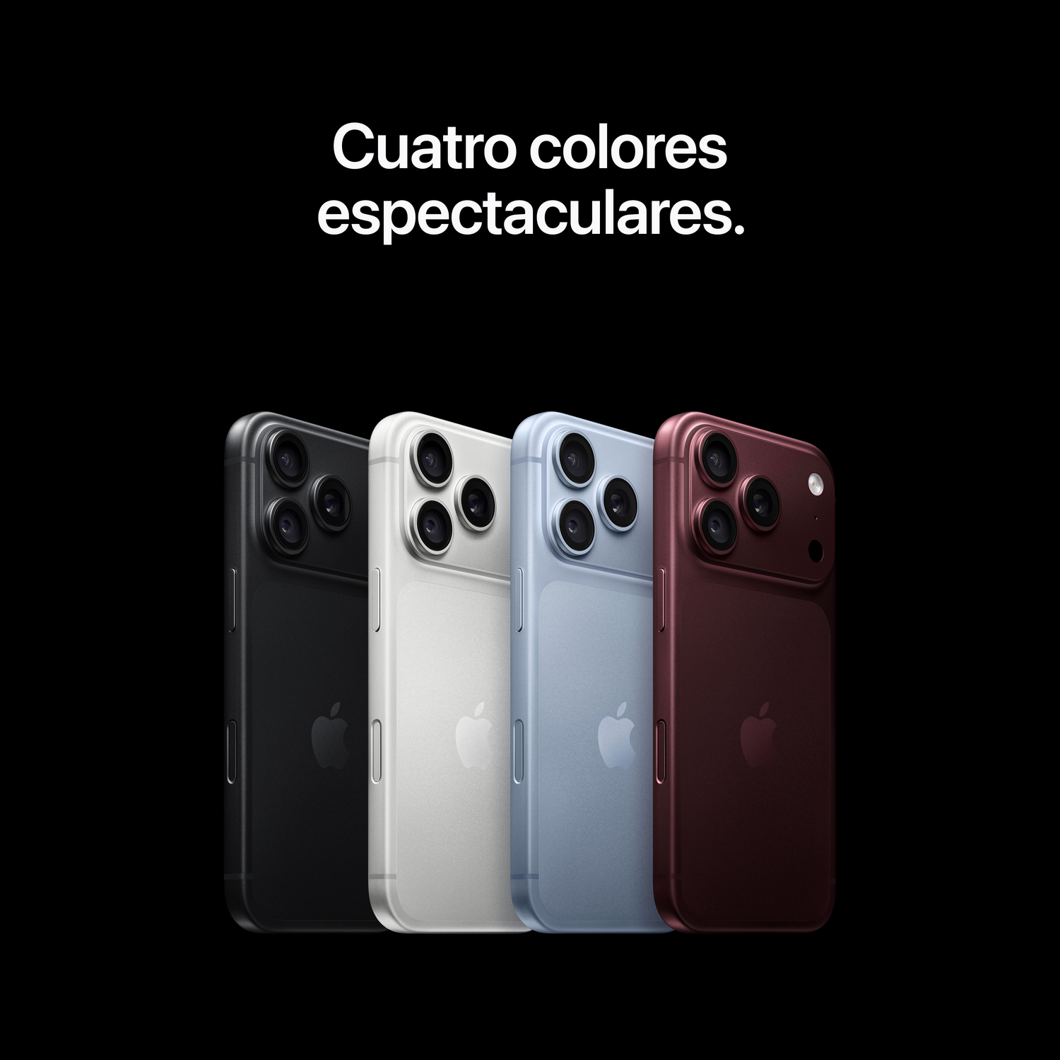 Cuatro teléfonos inteligentes en negro, plata, azul y rojo sobre fondo negro con texto en español.