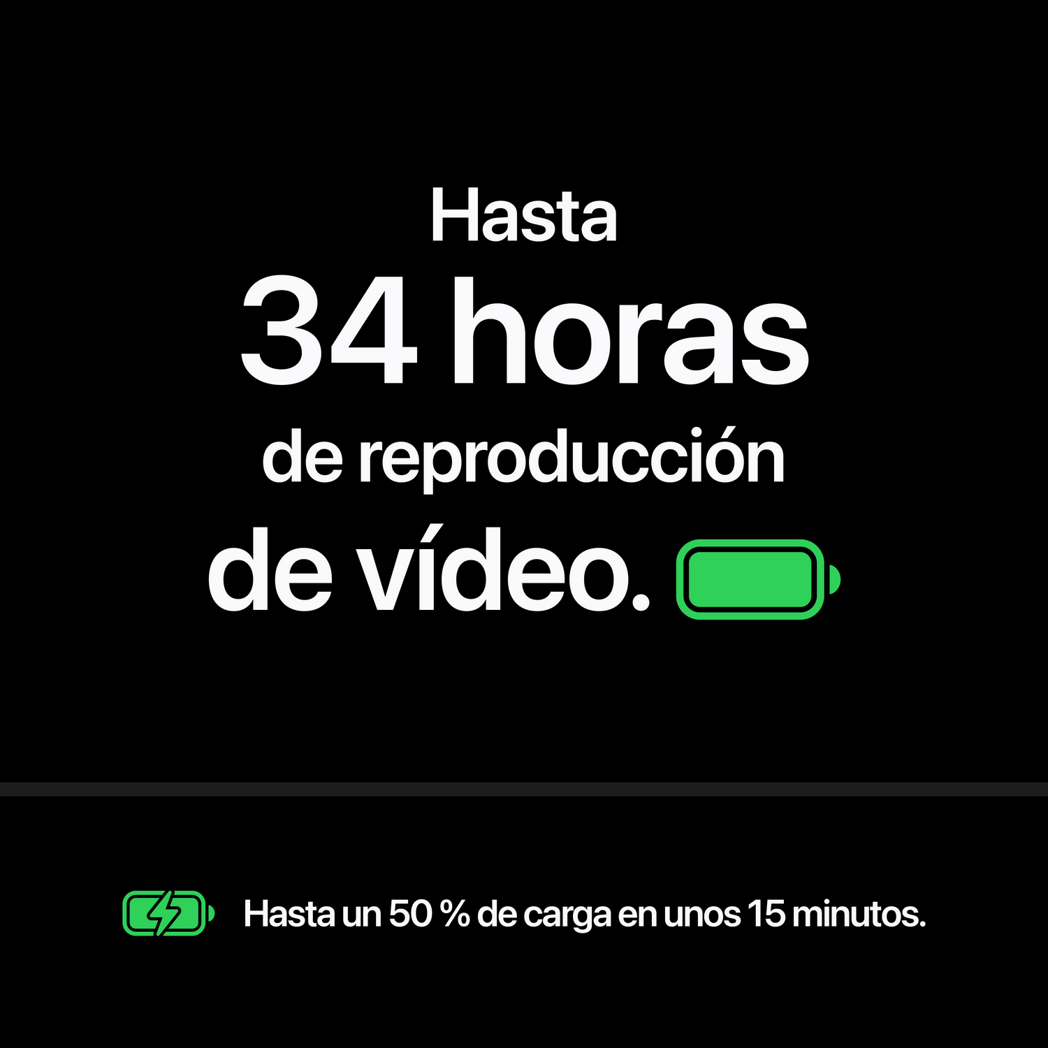 El texto indica hasta 34 horas de reproducción de video y 50 por ciento de carga en 15 minutos, con iconos verdes.