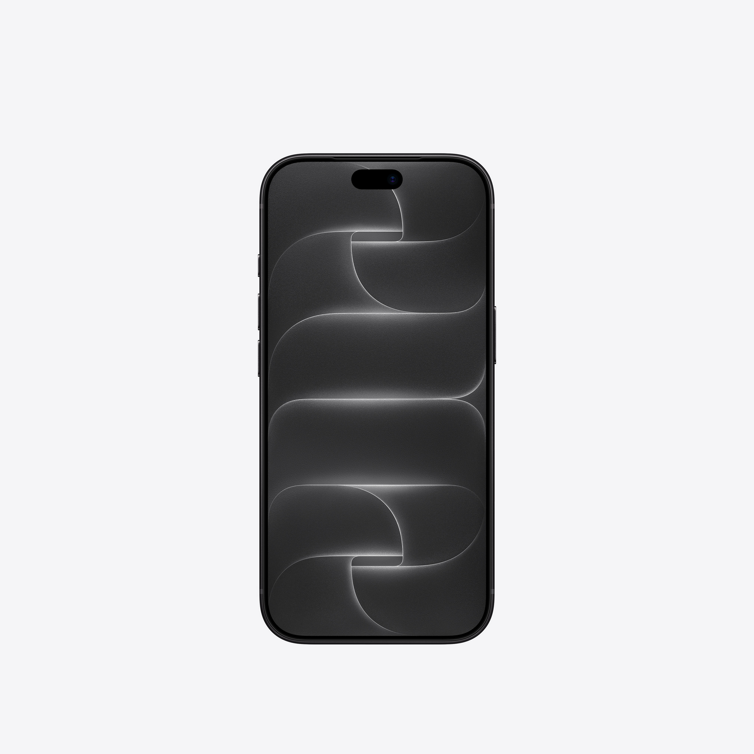 Un smartphone negro con esquinas redondeadas muestra un patrón de ondas abstractas oscuras en su pantalla sobre un fondo gris.