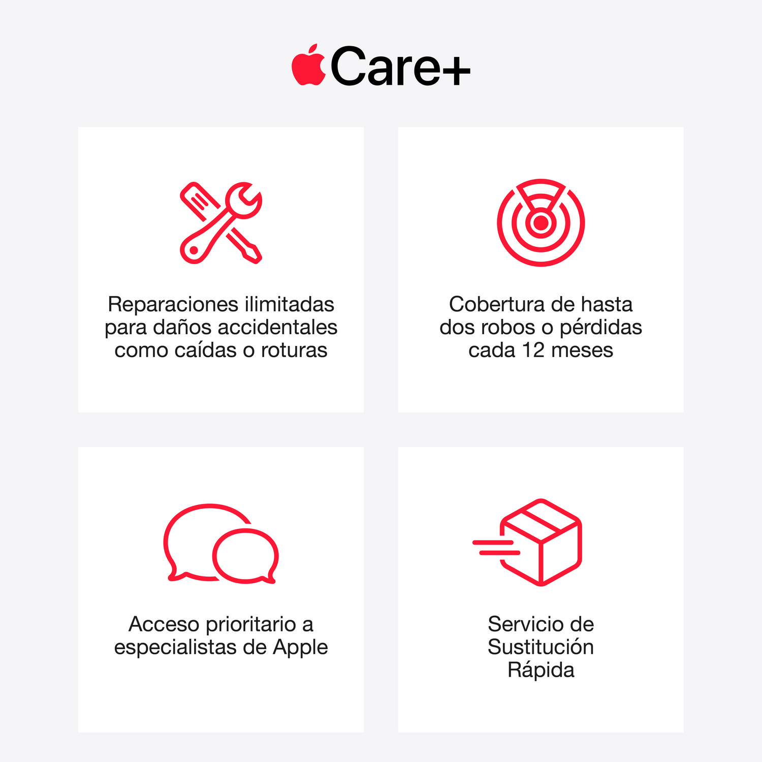 Beneficios del servicio AppleCare+ con cuatro iconos rojos y texto en español.