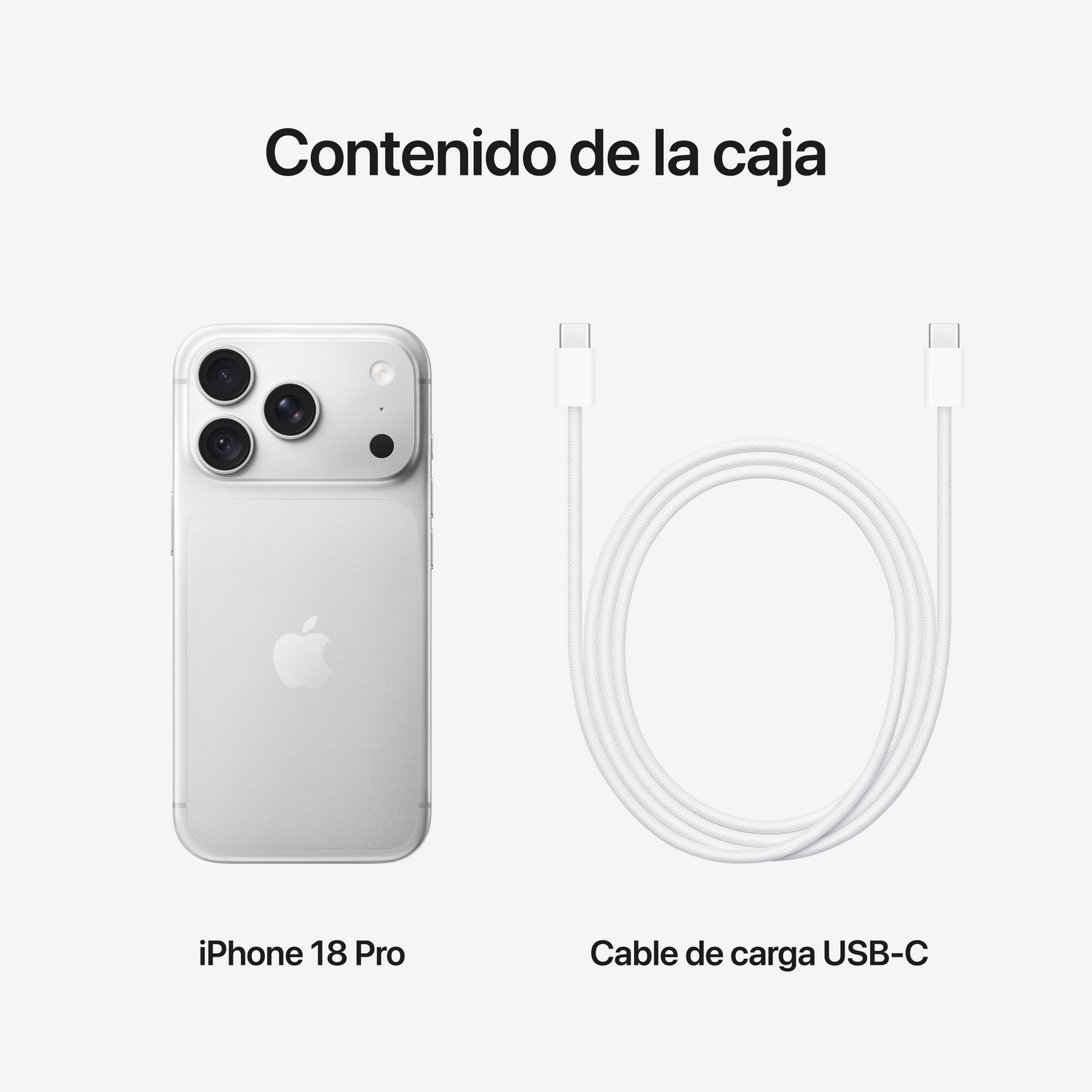 Contenido de la caja: Un iPhone 18 Pro plateado y un cable de carga USB-C blanco sobre fondo claro.