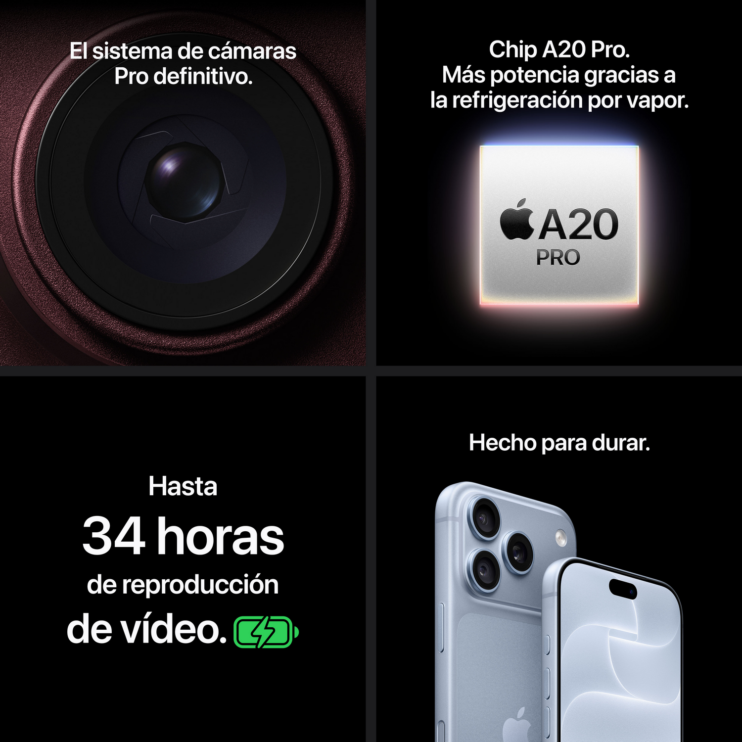 Cuatro imágenes muestran funciones del smartphone: cámara, chip A20 Pro, 34 horas de batería y diseño.