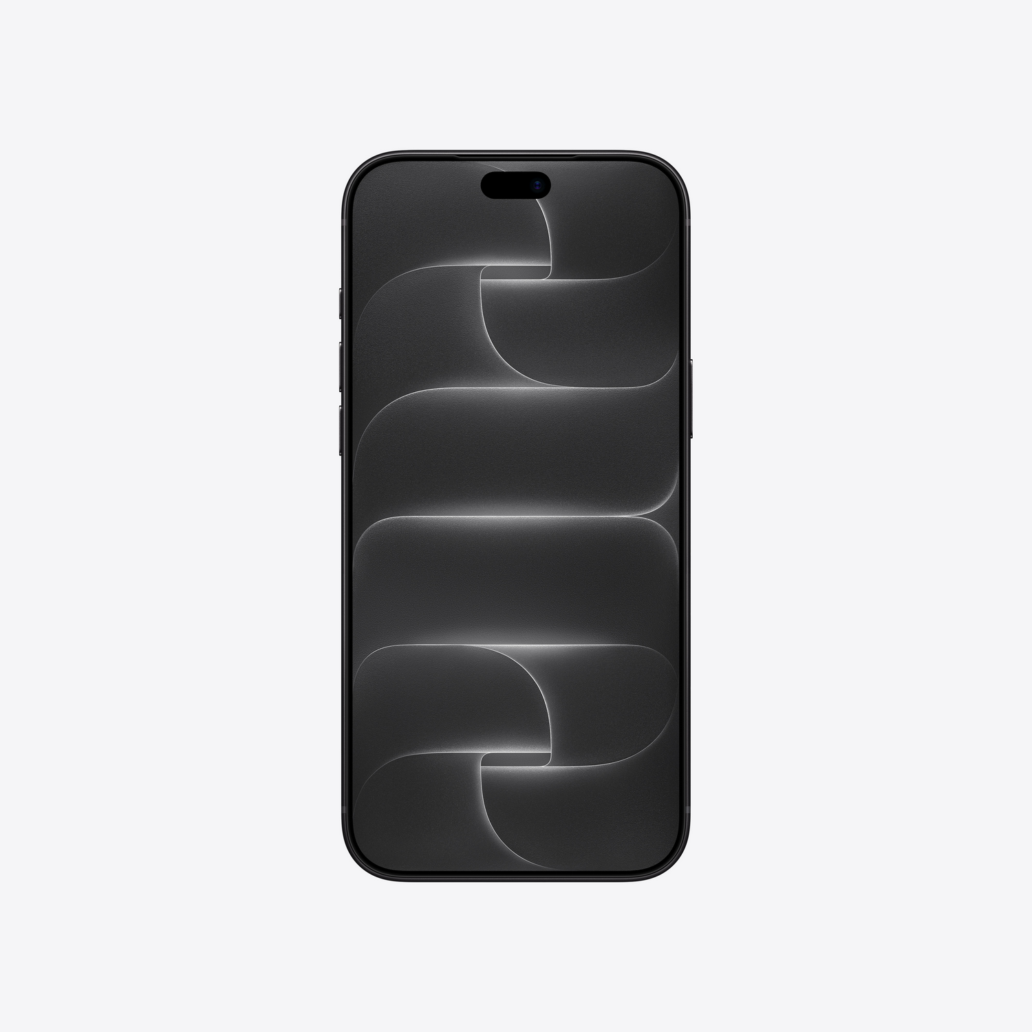 Un teléfono inteligente negro con esquinas redondeadas muestra un patrón de ondas oscuras en su pantalla sobre un fondo claro.