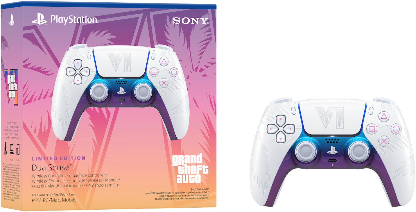Limitiertes Grand Theft Auto VI DualSense Wireless-Controller in Weiß, Blau und Lila neben seiner Verpackung.