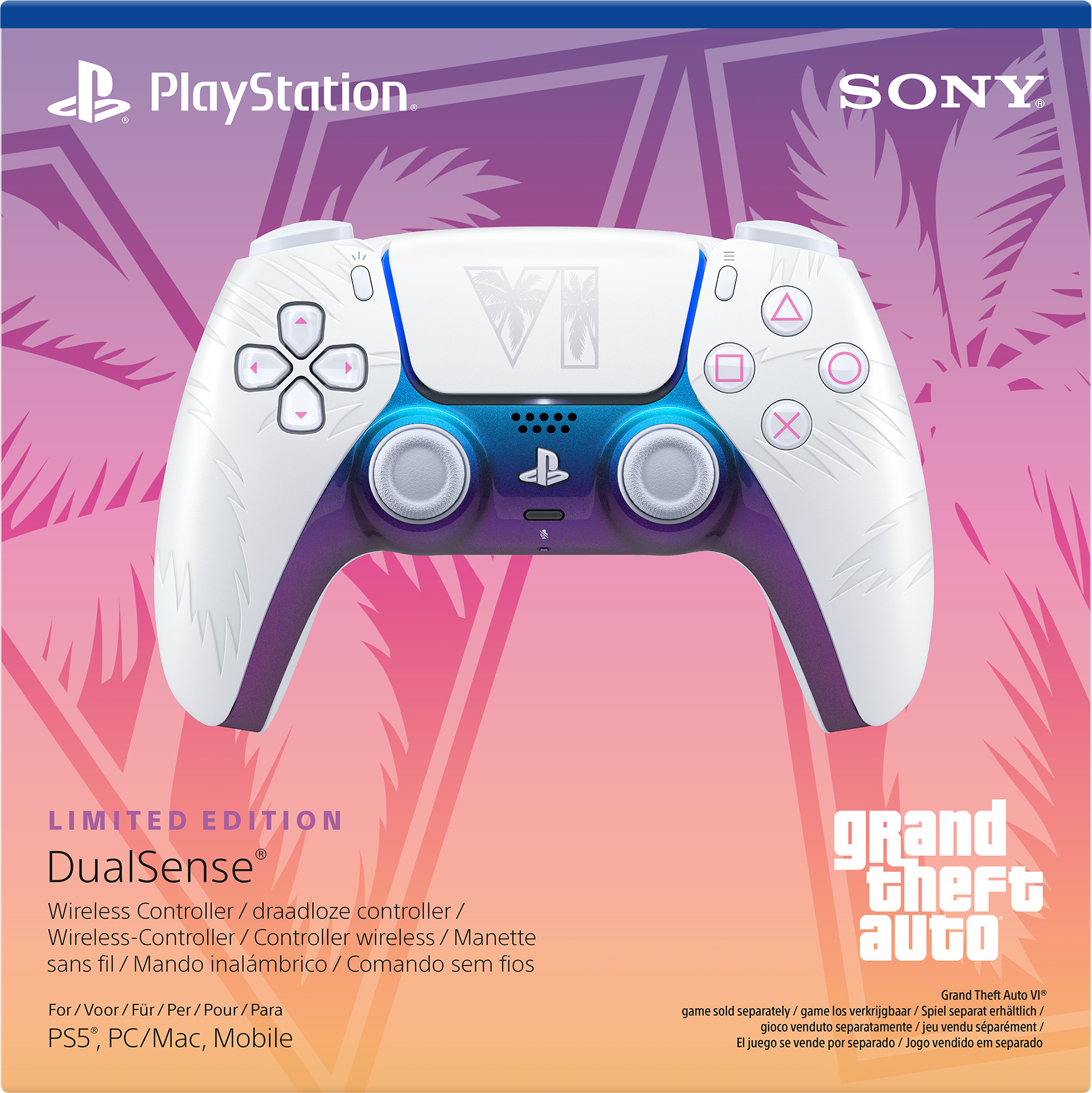 Ein limitierter Grand Theft Auto VI DualSense Wireless-Controller hat ein weißes, blaues und violettes Design.