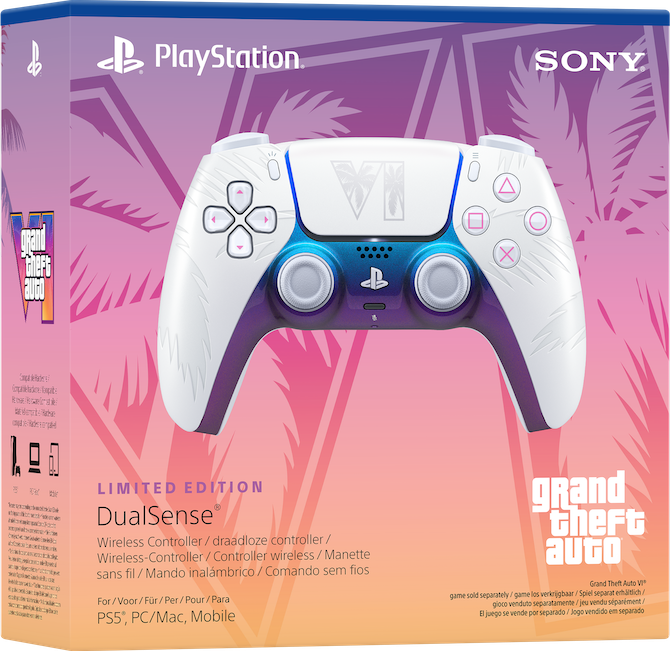 Ein limitiert aufgelegter Grand Theft Auto Wireless-Controller für die PS5 in Weiß-Violett auf einer Themenverpackung.
