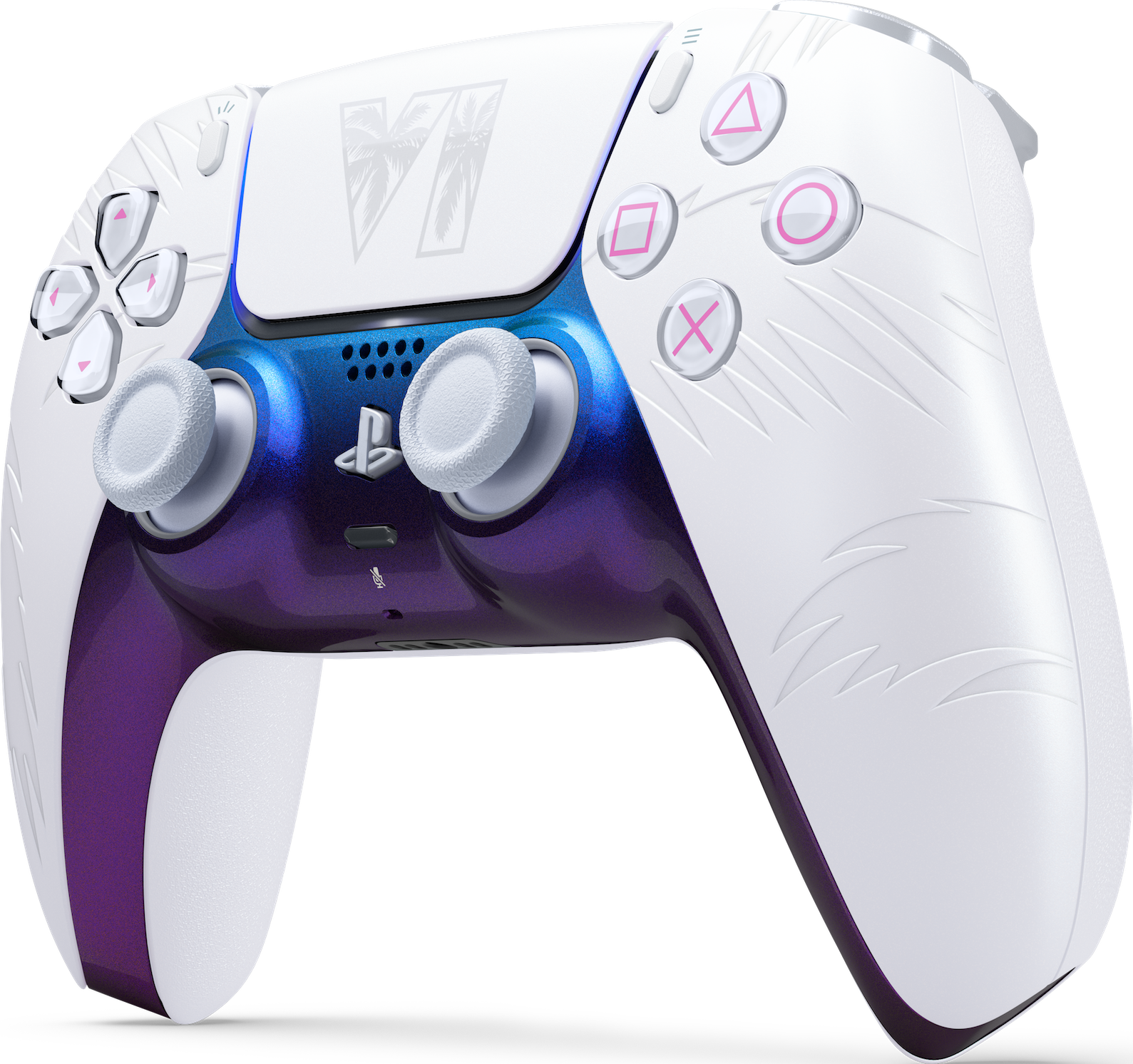 Spezialedition weiß-blau-violetter PlayStation-Controller mit VI-Logo und individuellen Kratzern.