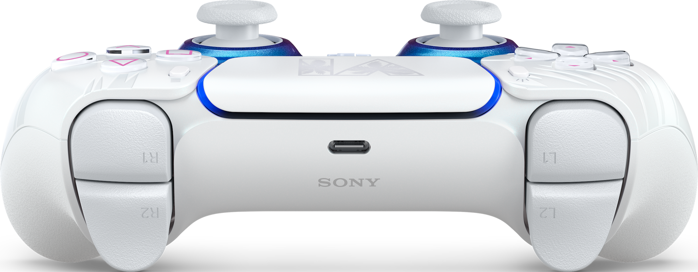 Ein weißer PlayStation-Controller mit blauen Akzenten, analogen Sticks und Sony-Logo vor schwarzem Hintergrund.