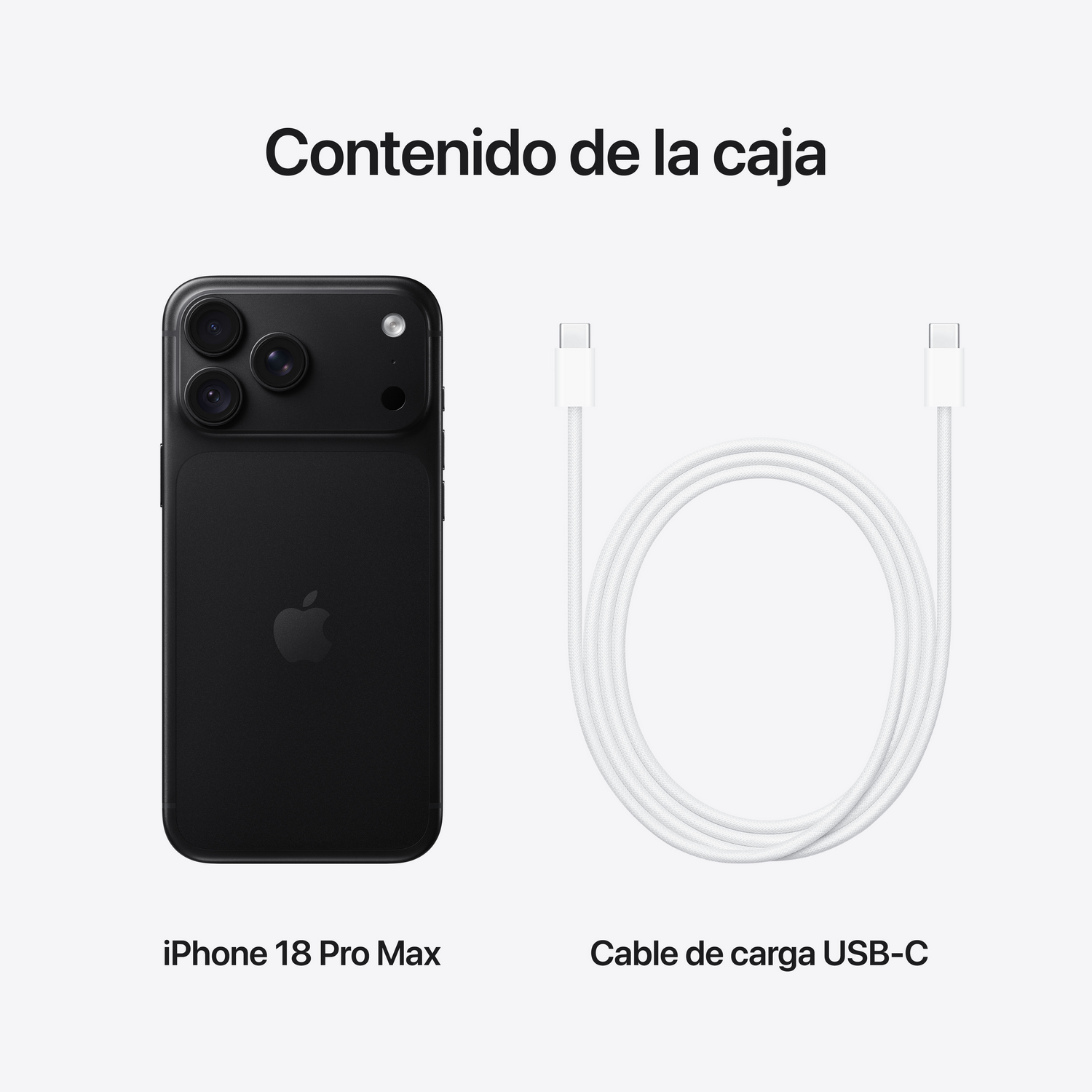iPhone 18 Pro Max negro y un cable de carga USB-C blanco sobre fondo claro.