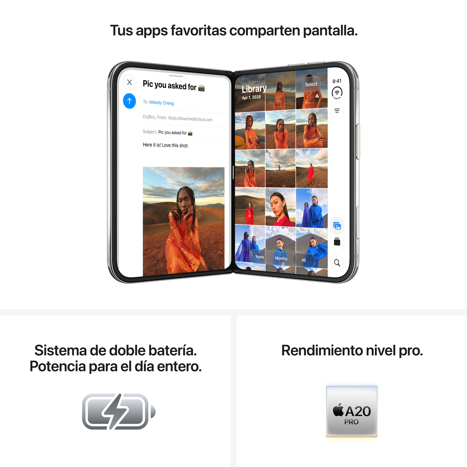 Un smartphone plegable que muestra una app de correo y una fototeca en su pantalla doble, con iconos de batería y chip.