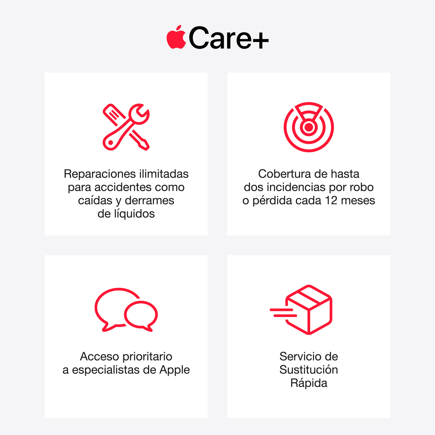 Infografía de AppleCare+ con cuatro iconos rojos y texto en español sobre fondo blanco.