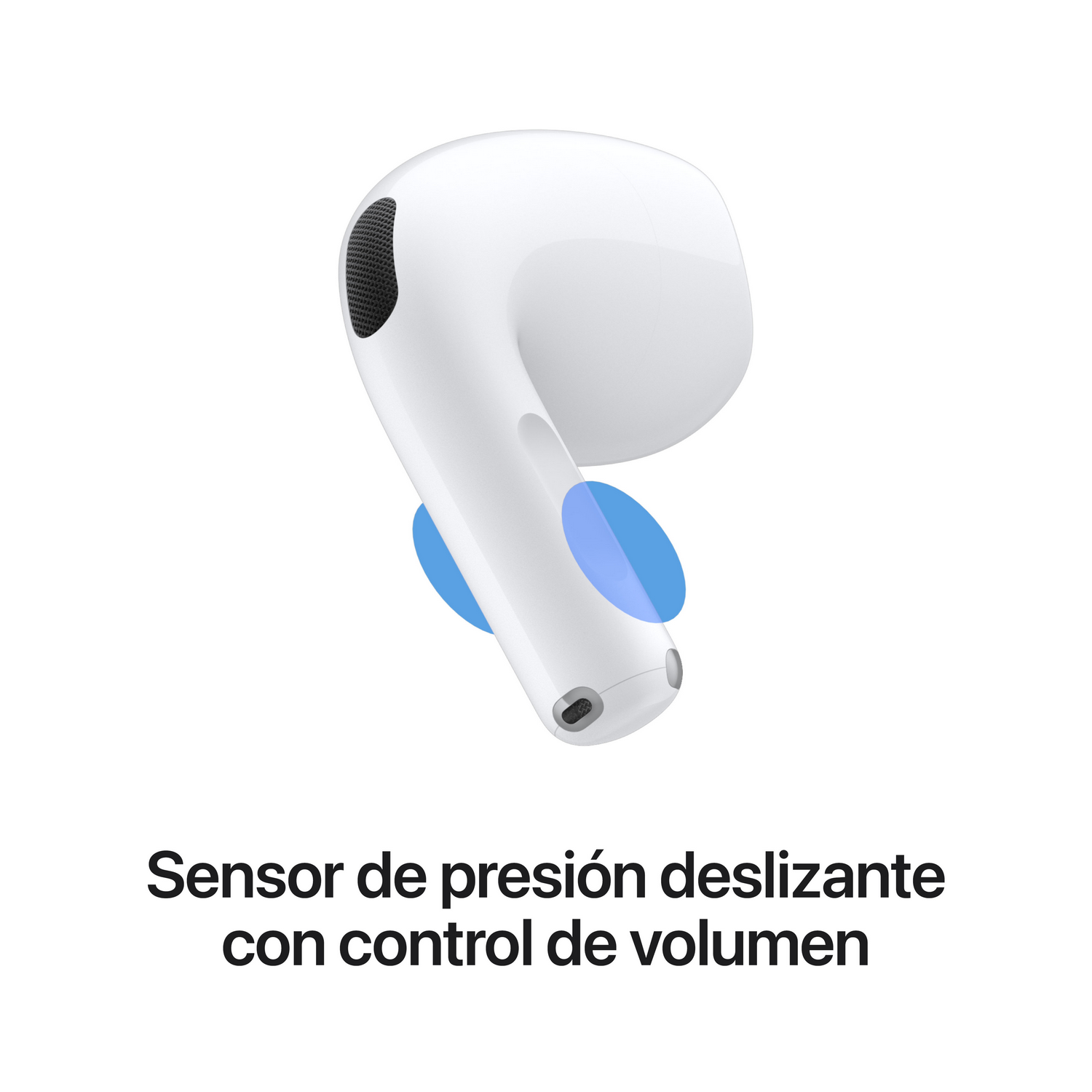 Auricular blanco con sensor táctil resaltado en azul en el vástago y texto debajo.