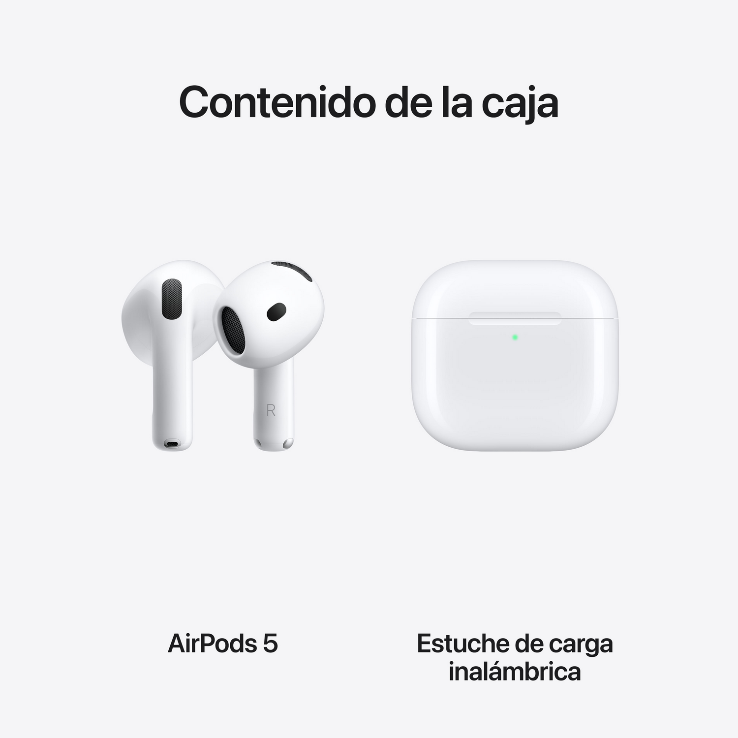 AirPods 5 blancos y estuche de carga inalambrica sobre fondo blanco.