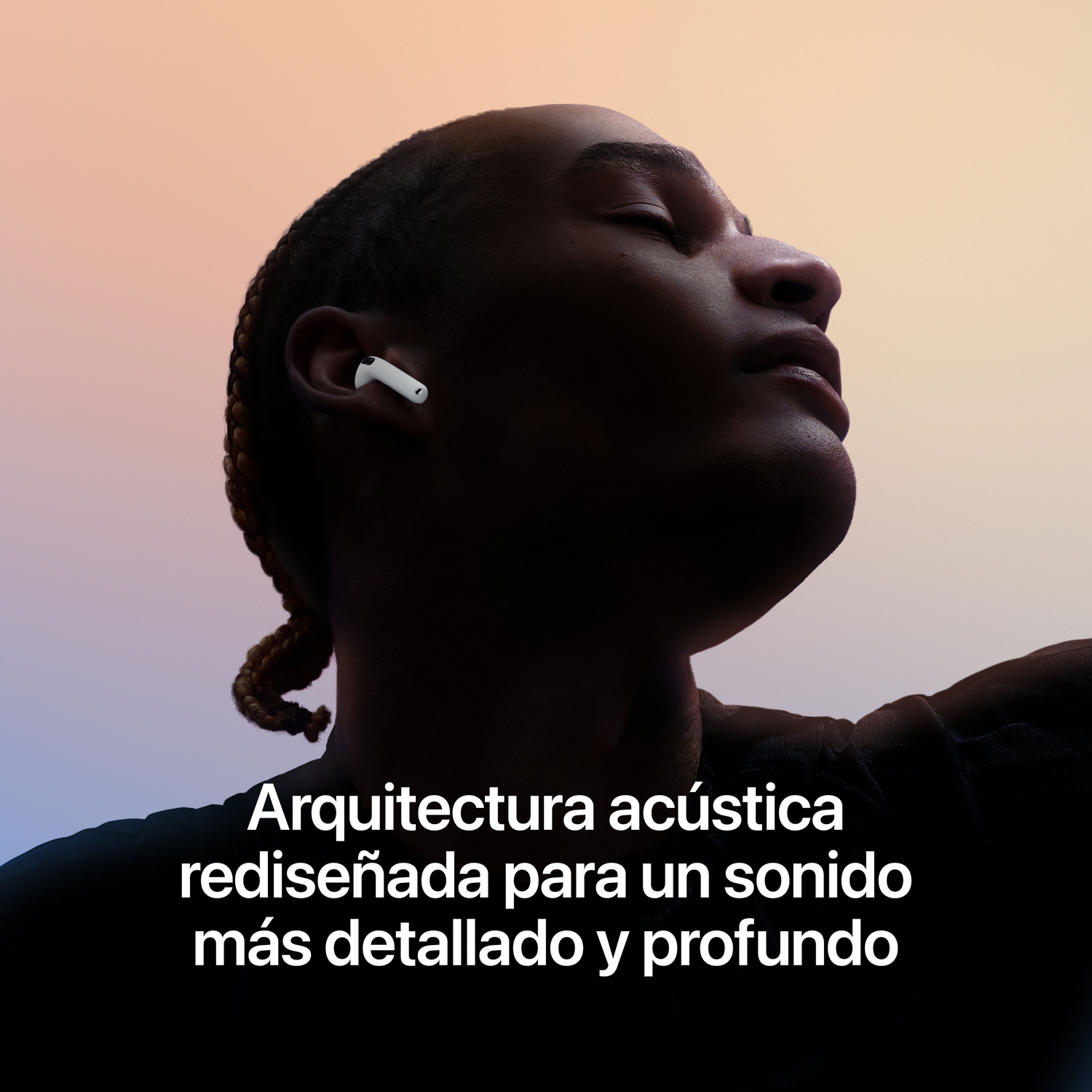 Una persona con ojos cerrados usa un auricular blanco sobre fondo degradado, con texto promocional.