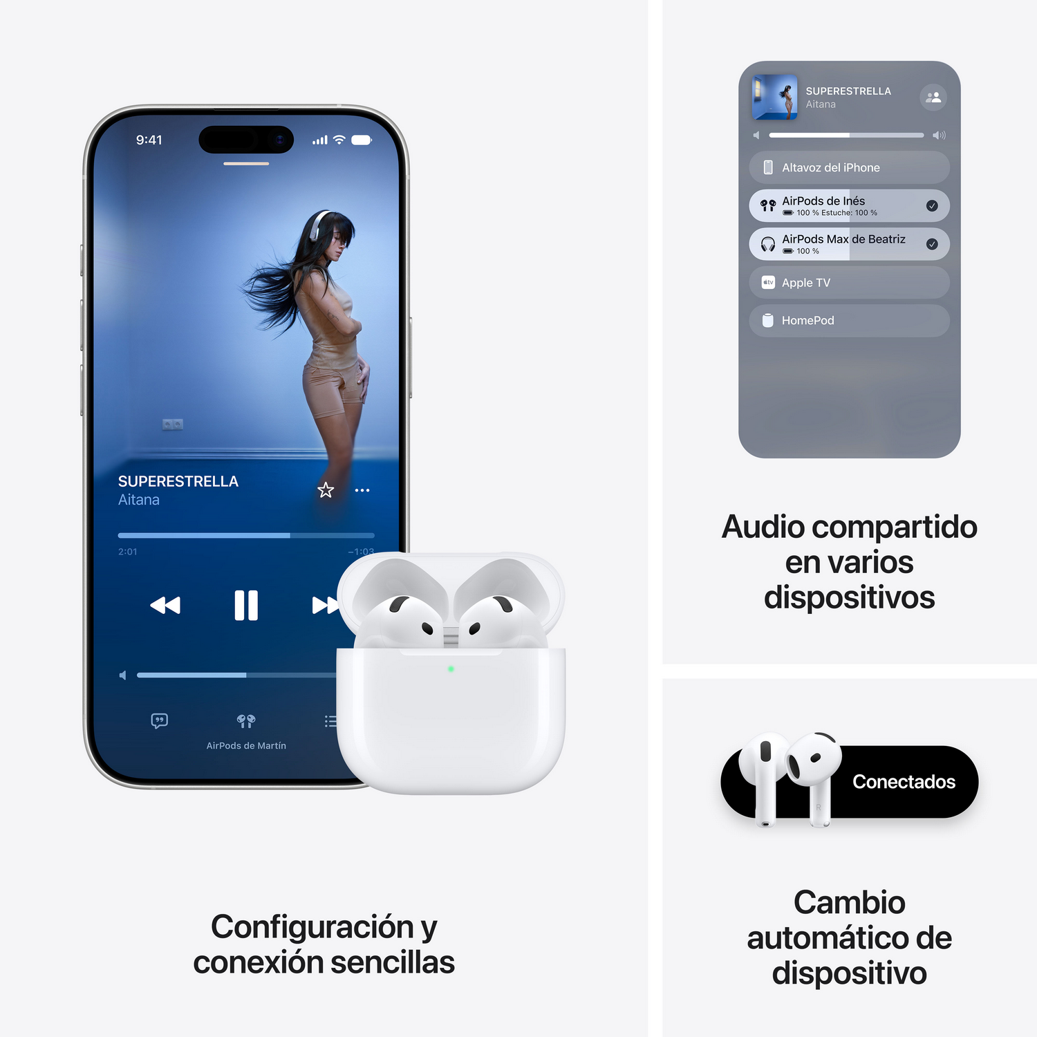 Un iPhone muestra la reproducción de música junto a un estuche de carga de AirPods abierto.