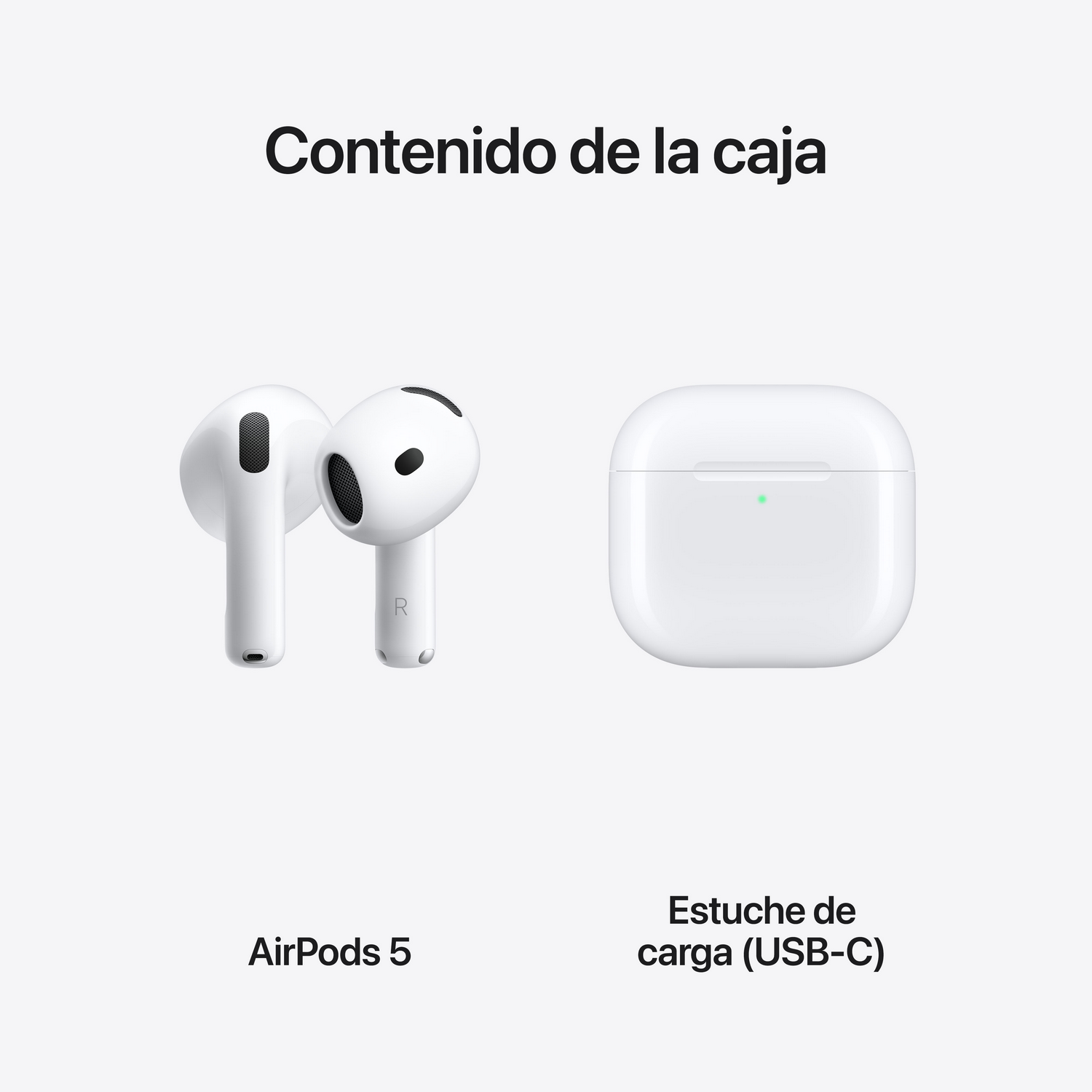 AirPods blancos con estuche de carga y texto en español.