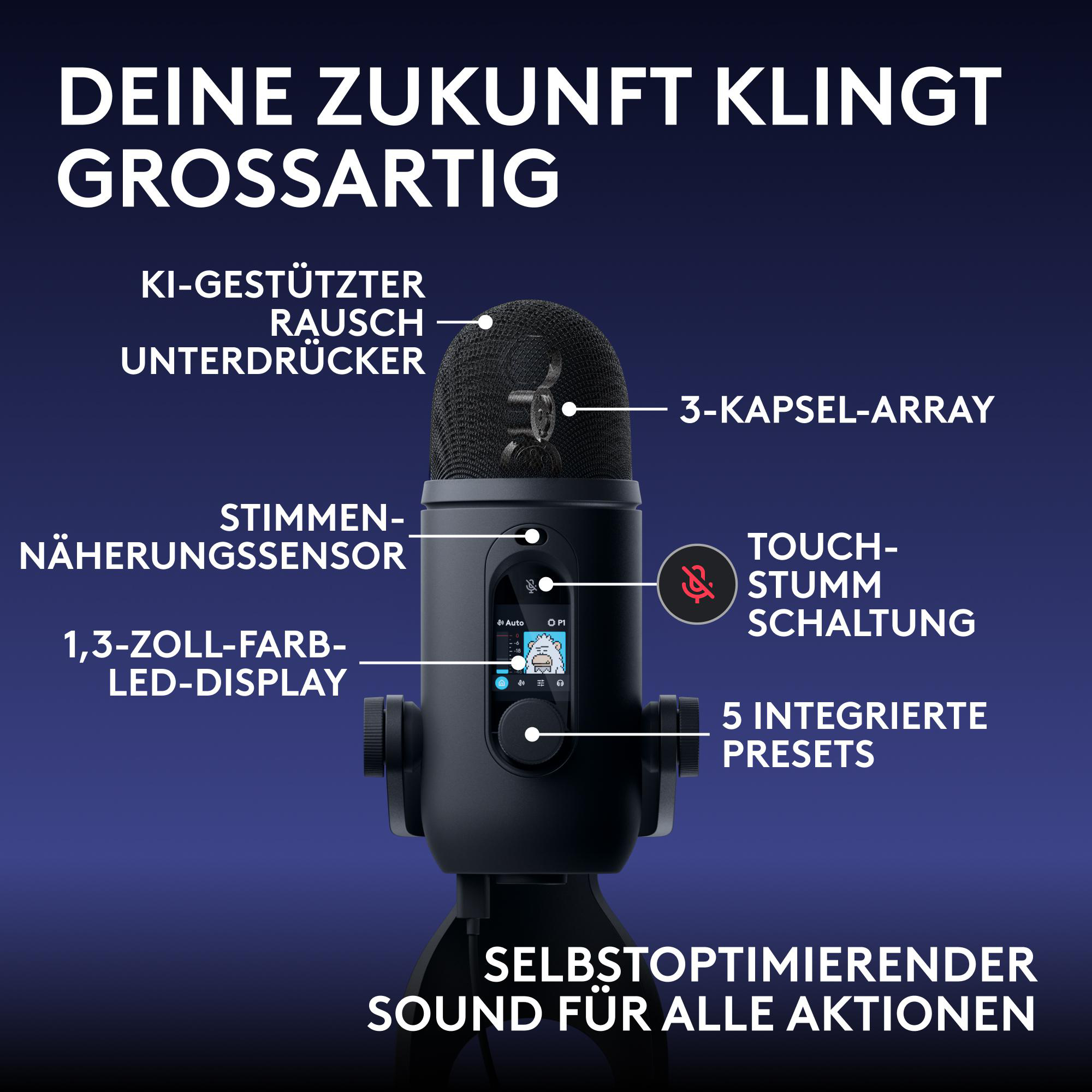 Ein schwarzes Mikrofon mit blauem Hintergrund und deutschen Produktmerkmalen.