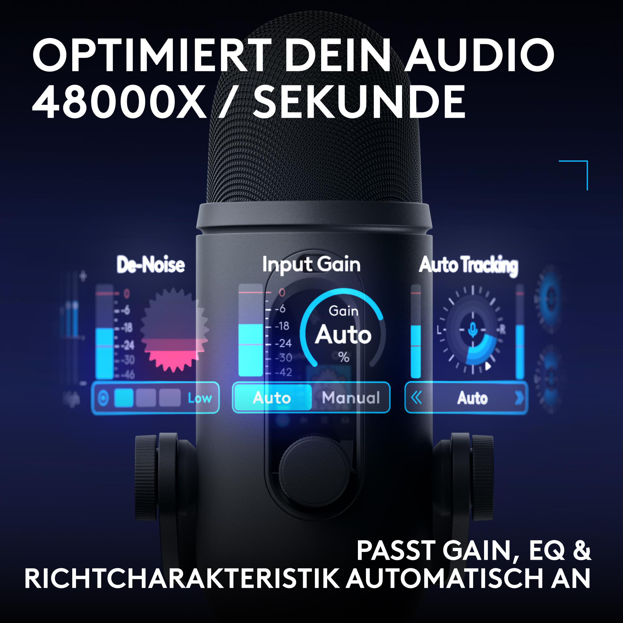 Schwarzes Mikrofon mit blauem Display für De-Noise, Input Gain und Auto Tracking gegen blauen Hintergrund.