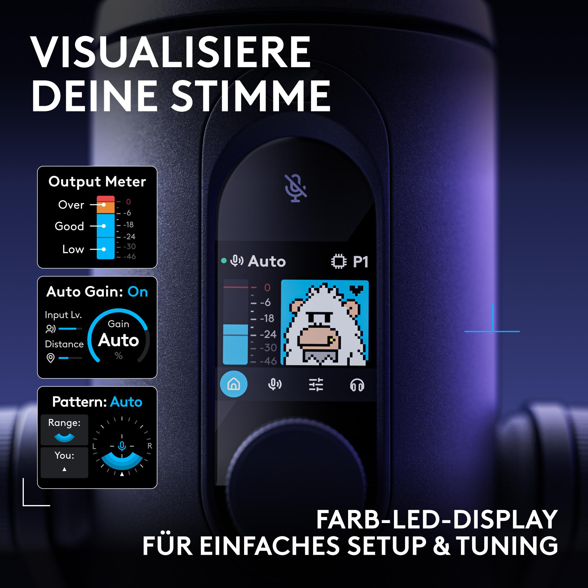 Nahaufnahme eines Mikrofon-Displays mit digitalen Menüs und Messgeräten für die Audioeinstellung.