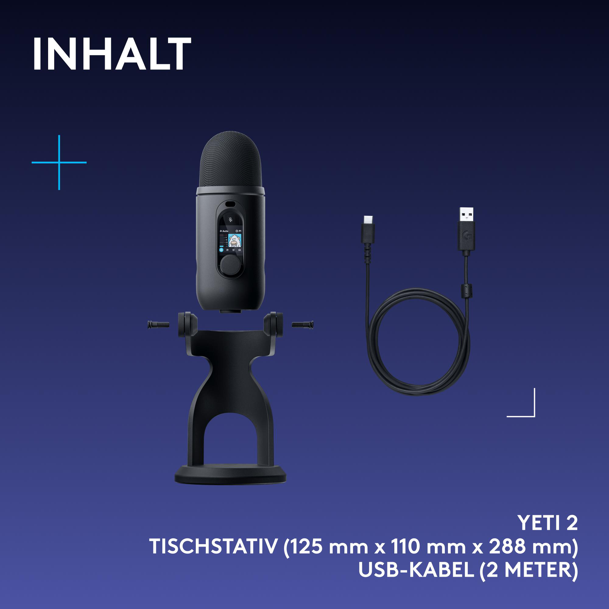 Ein schwarzes Yeti 2 Mikrofon mit Ständer, Schrauben und einem 2-Meter-USB-Kabel vor blauem Hintergrund.