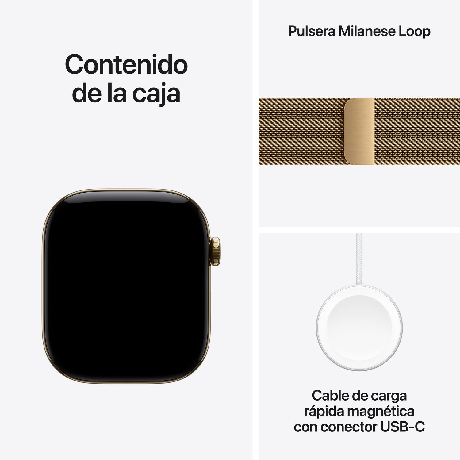 Contenido de la caja: un reloj inteligente, una correa Milanese Loop dorada y un cable de carga rápida USB-C.