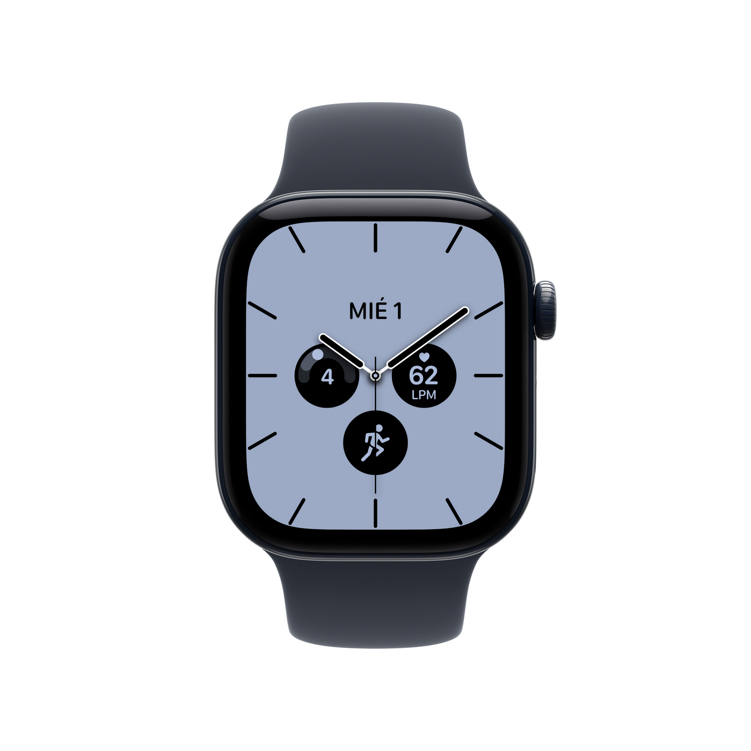 Un reloj inteligente negro con esfera gris, agujas blancas y pequeñas complicaciones redondas sobre fondo blanco.