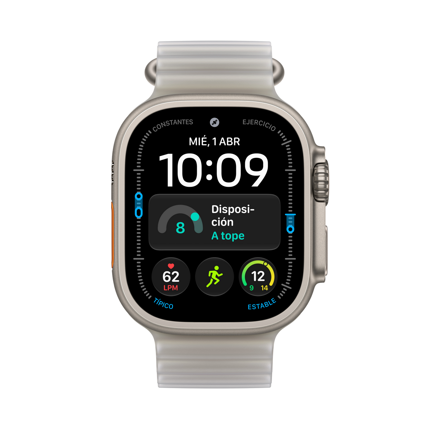 Un reloj inteligente con correa de silicona clara muestra una esfera digital con datos de fitness y hora.