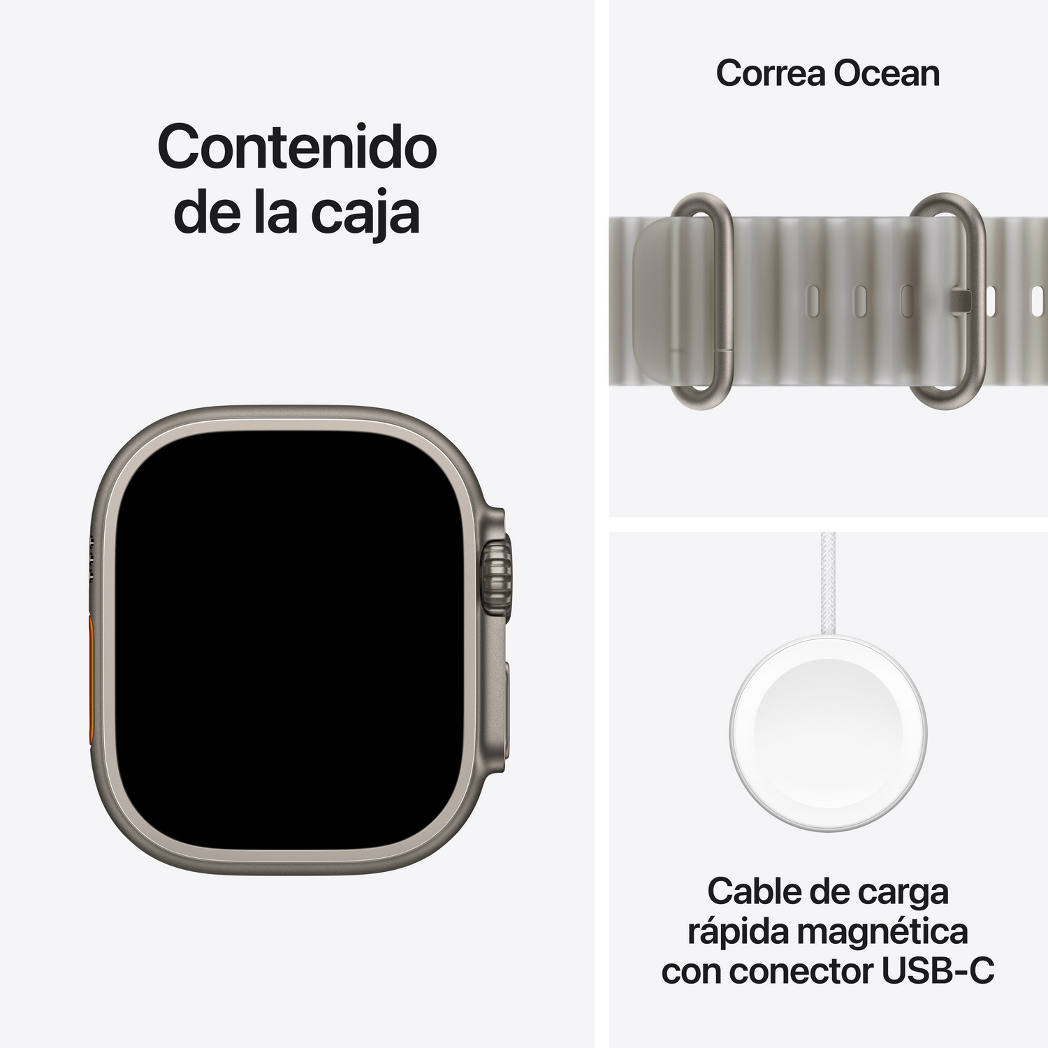 Contenido de la caja: caja del smartwatch, correa Ocean y cable de carga rápida magnética USB-C.