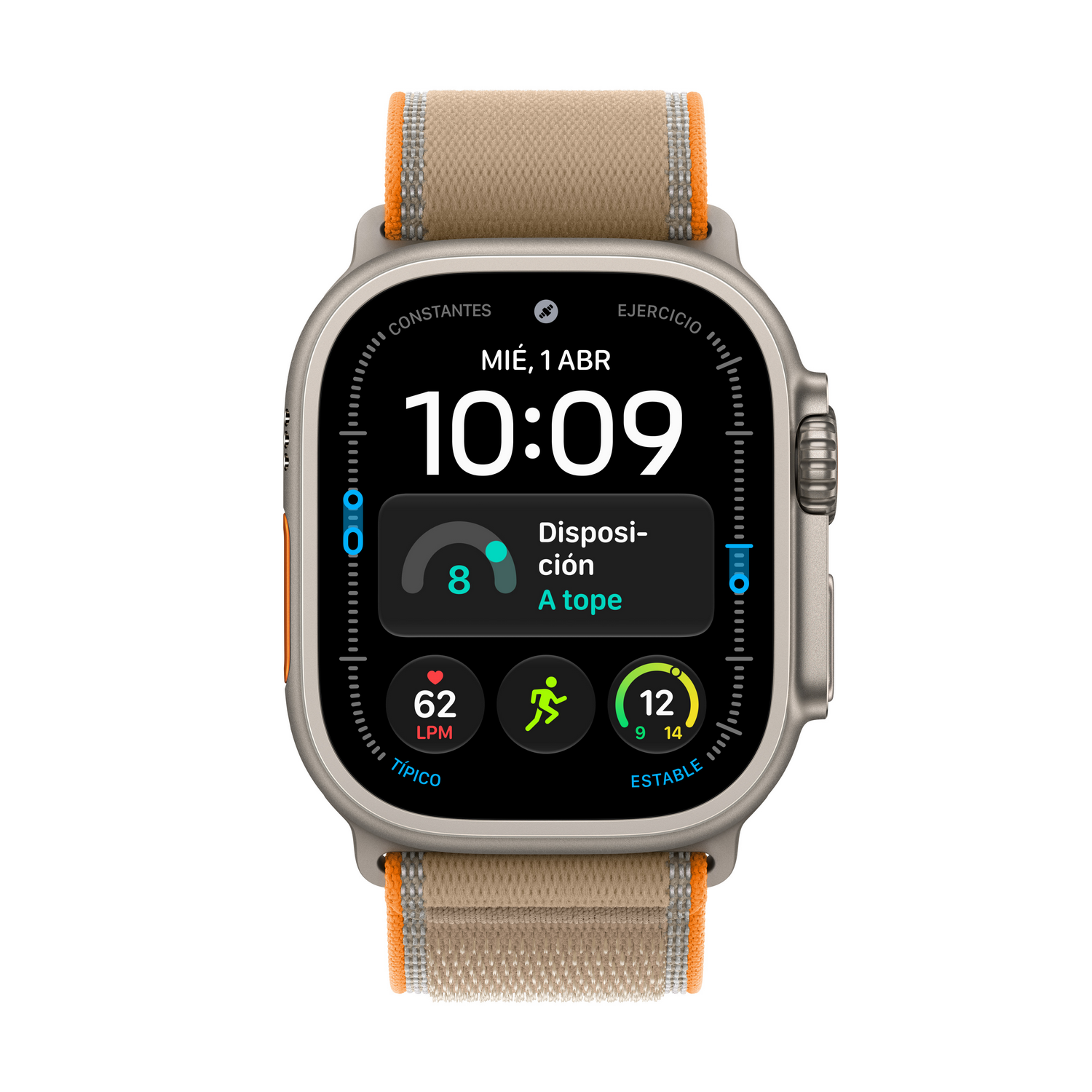 Un reloj inteligente con correa de tela beige y detalles naranjas muestra la hora 10:09 y datos de fitness en la pantalla.
