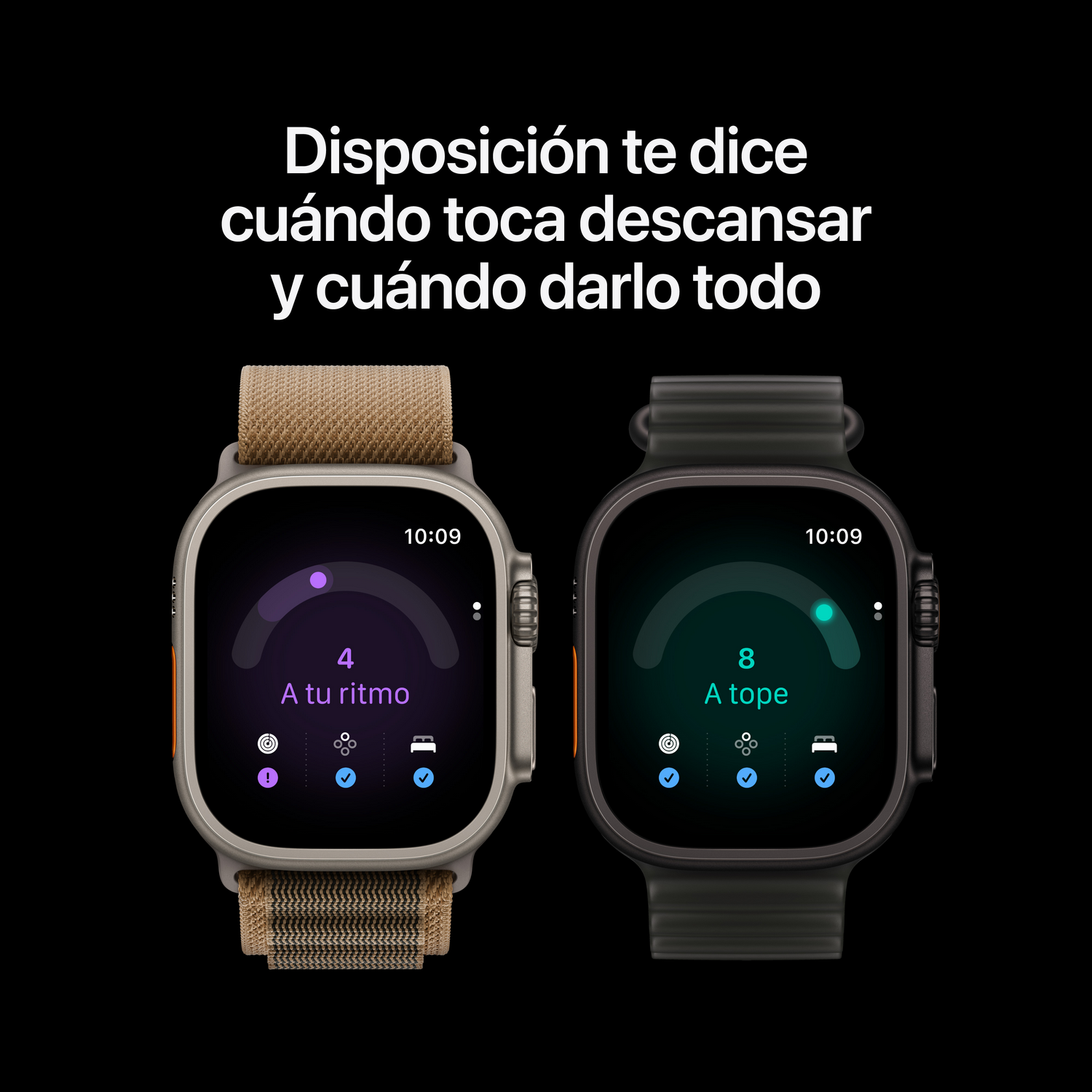 Dos Apple Watch sobre fondo negro mostrando texto en español y datos de fitness.