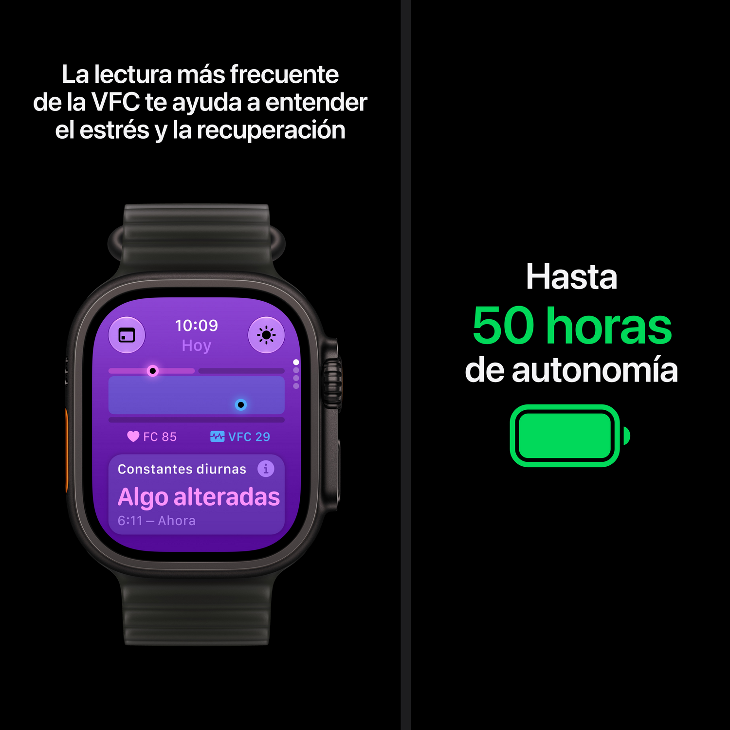 Reloj inteligente con pantalla morada en fondo negro y texto sobre estrés y batería.