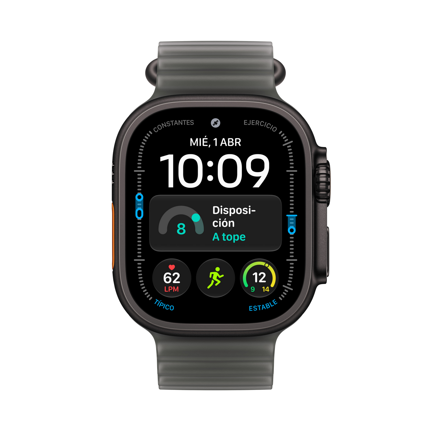 Un reloj inteligente negro con correa gris muestra una esfera digital con hora, frecuencia cardíaca y datos de fitness.