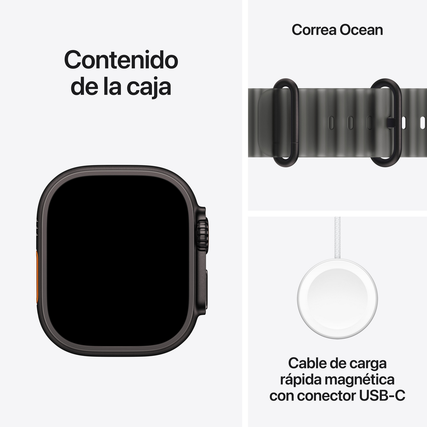 Contenido de la caja: reloj inteligente, correa Ocean y cable de carga rápida magnética con conector USB-C.