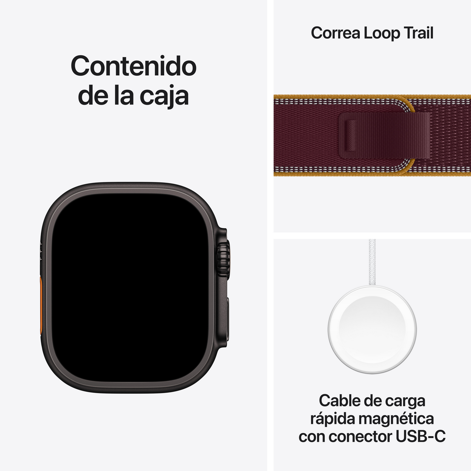 Contenido de la caja: Un reloj inteligente negro, una correa de tela marrón y un cable de carga rápida magnética.