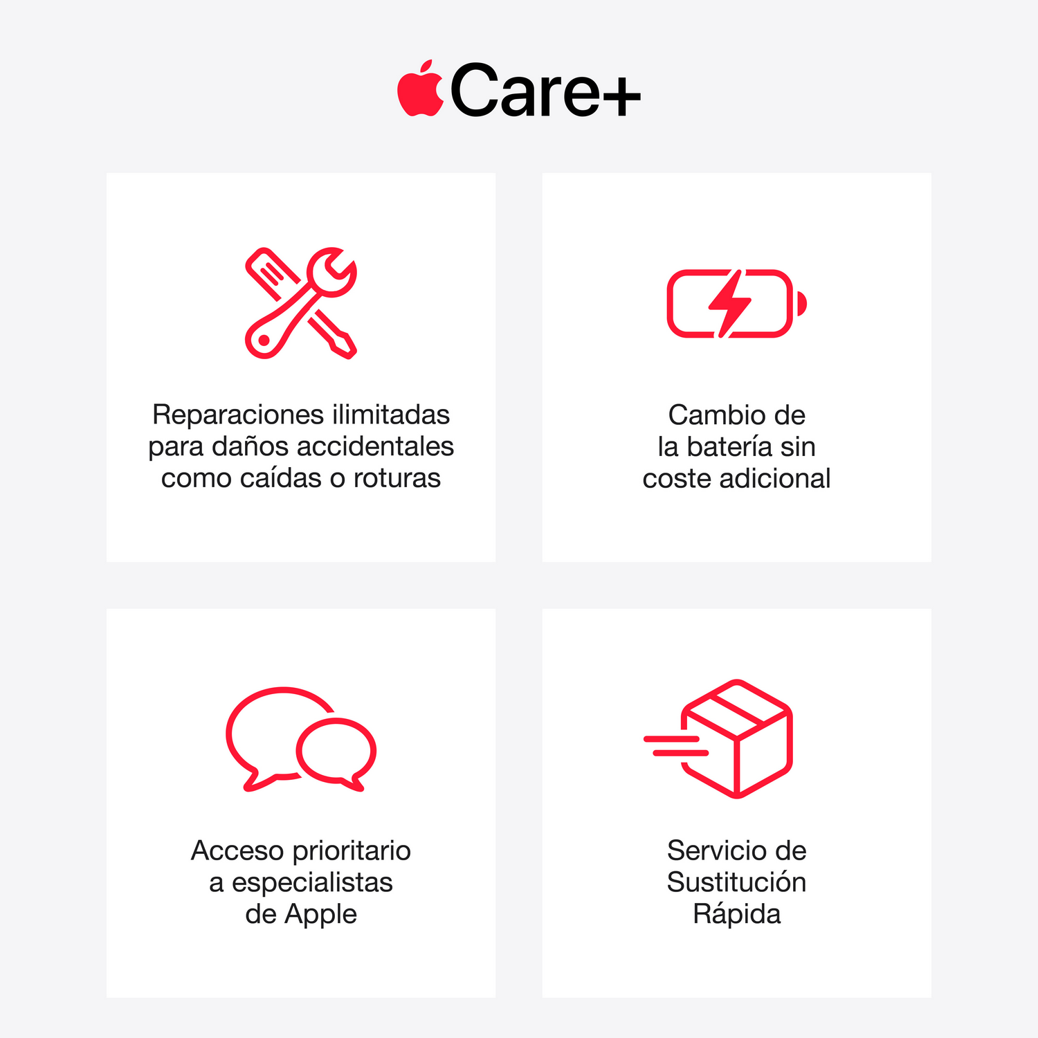 Funciones de AppleCare+: reparaciones ilimitadas, cambio de batería, soporte prioritario y servicio de reemplazo.