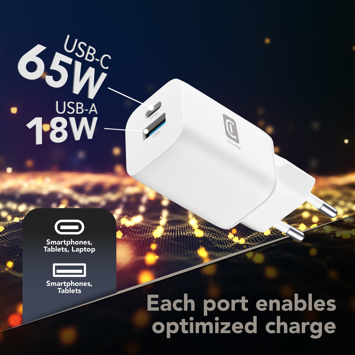 Caricabatterie rapido bianco da 65W USB-C e 18W USB-A con etichette grafiche su sfondo sfocato.
