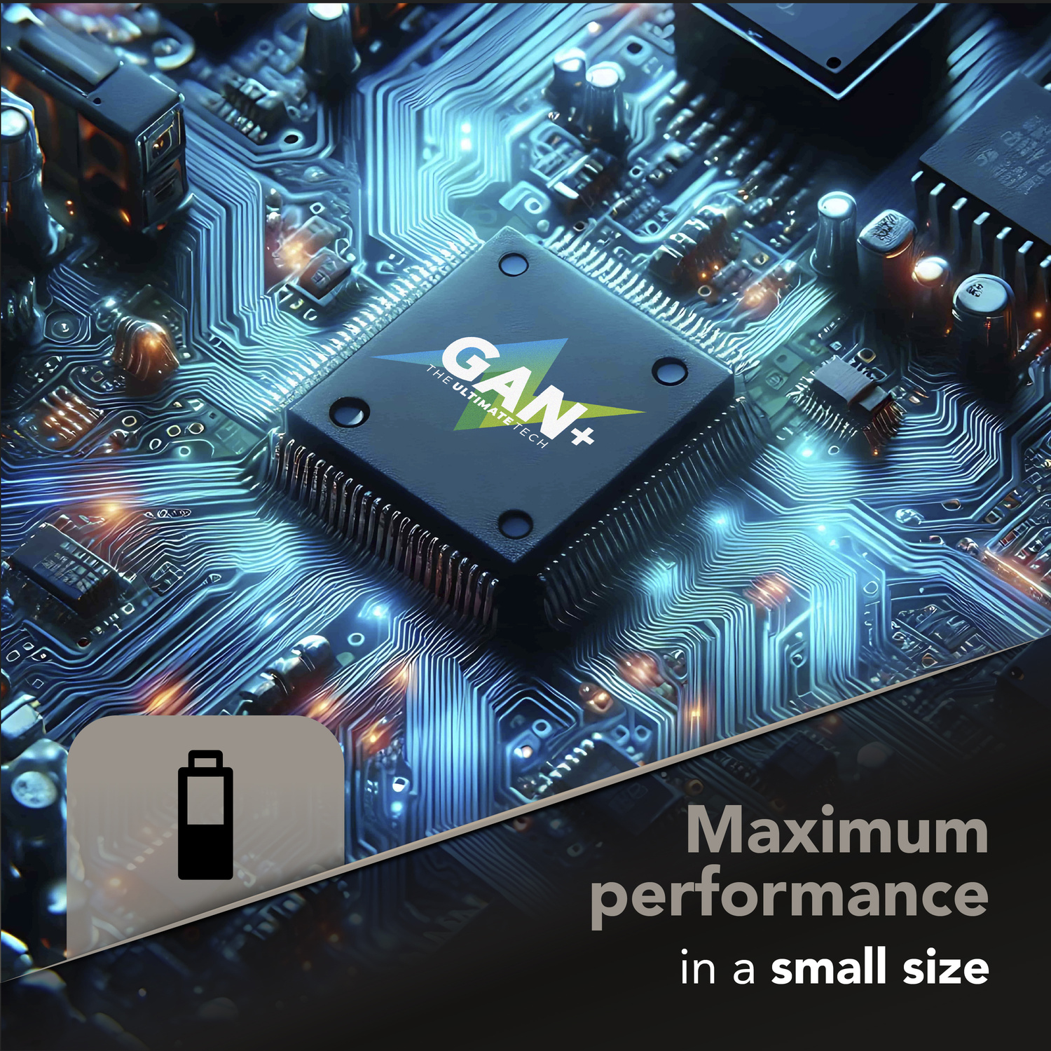 Un microchip centrale contrassegnato con GAN+ si trova su un circuito stampato illuminato di blu con testo.
