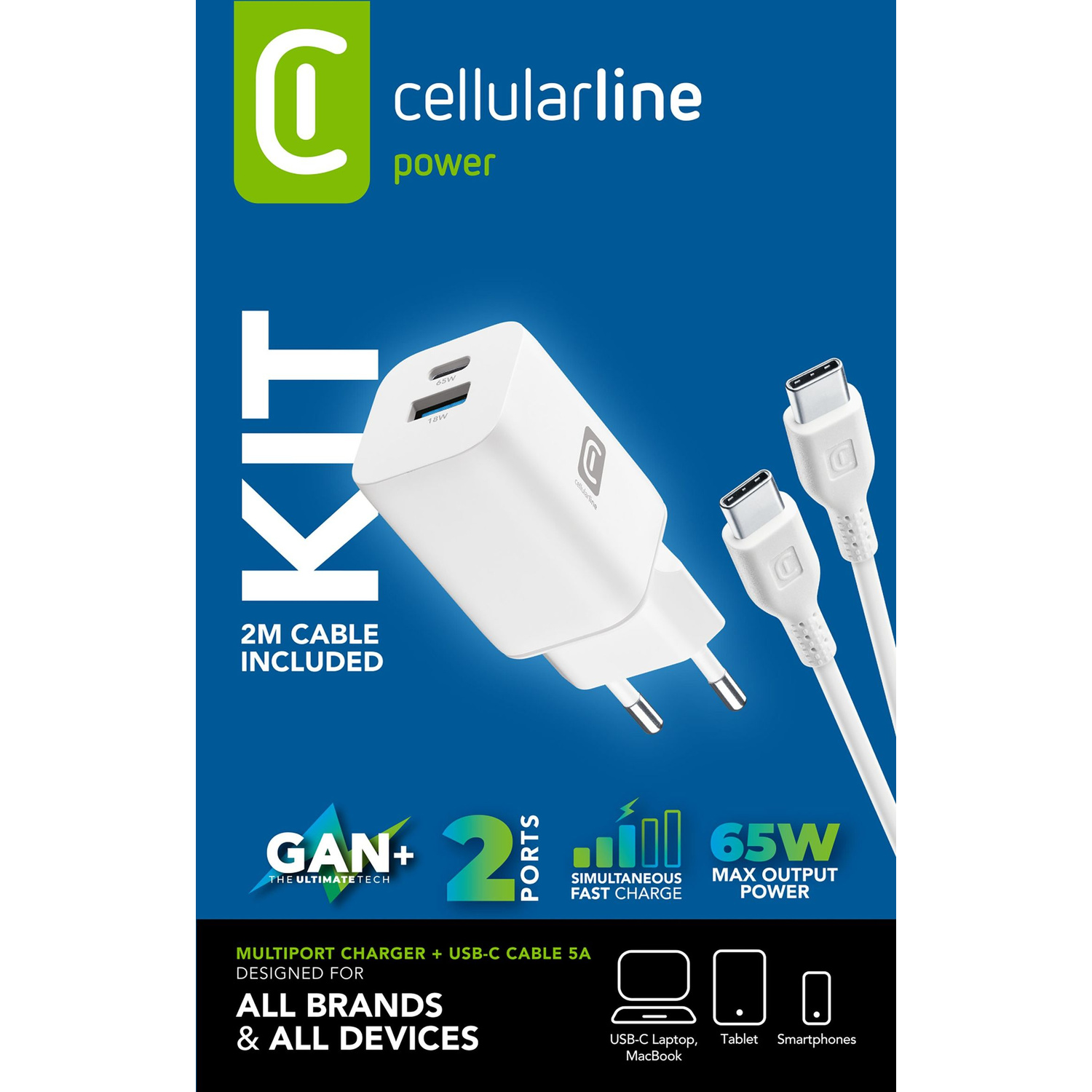 Kit di ricarica Cellularline con caricabatterie bianco GaN a doppia porta da 65W e due cavi USB-C su sfondo blu.